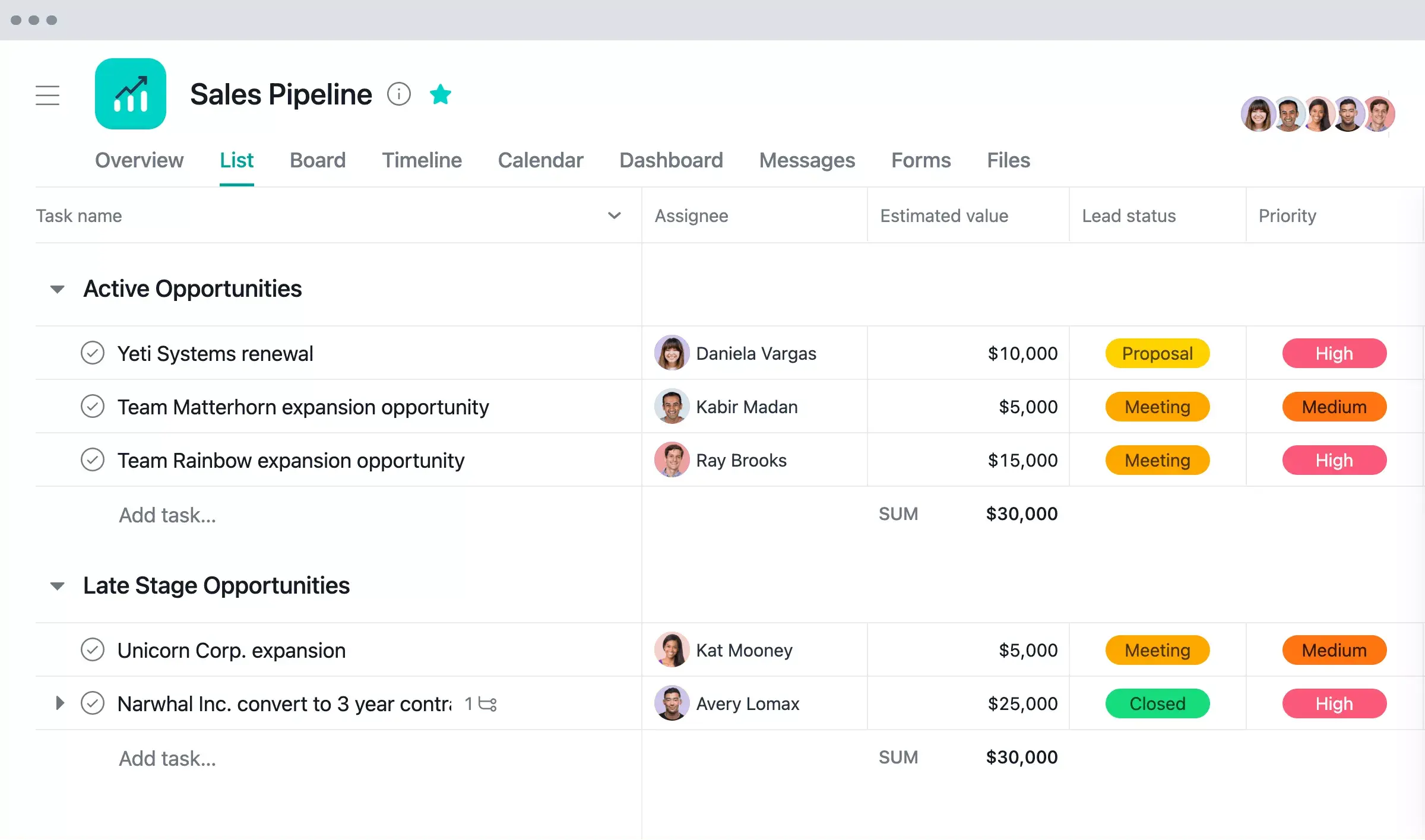 Asana Product UI sales pipeline