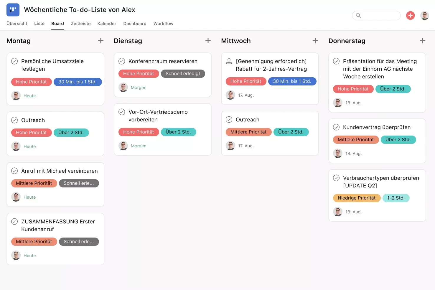 [Produkt-UI] Wöchentliche To-do-Liste in Asana, Ansicht im Kanban-Board (Boards)