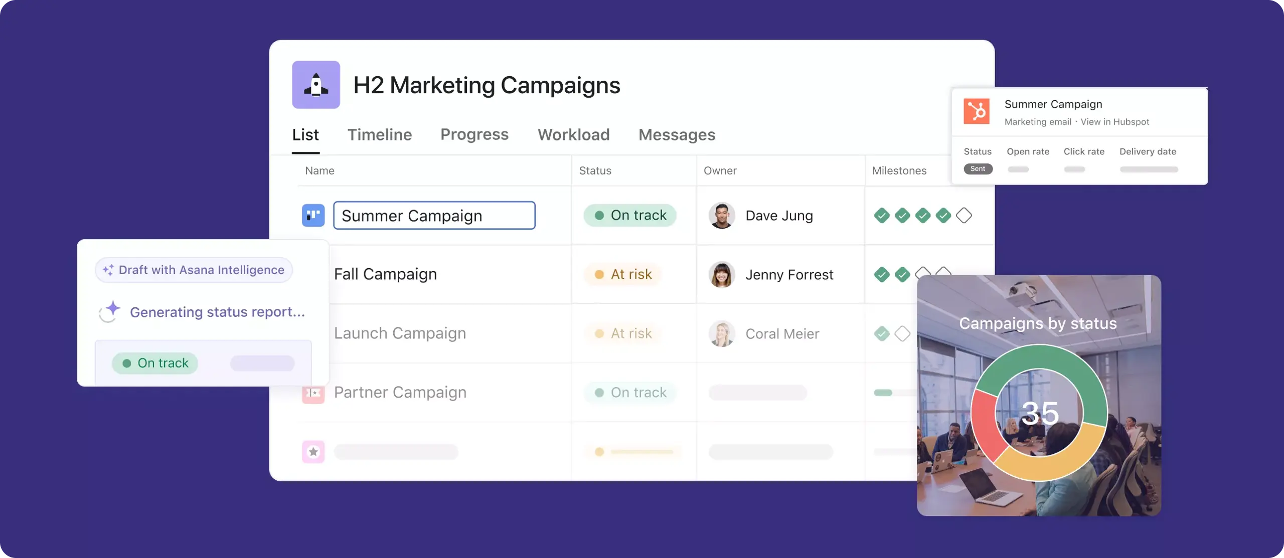 Hero-afbeelding voor campagnebeheer van marketingcampagnes in een Asana-product-UI 
