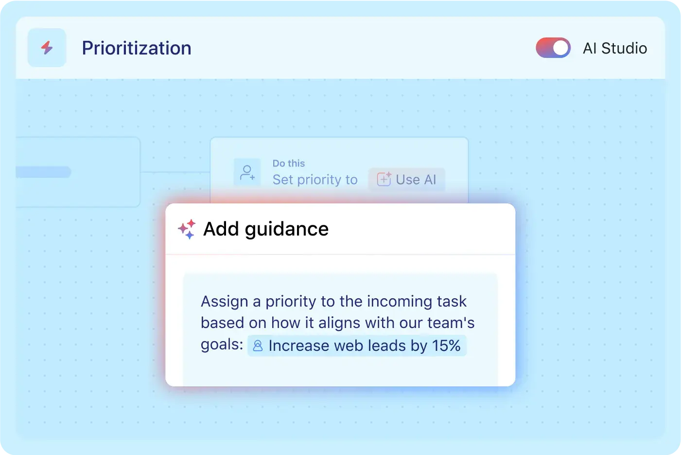 AI Studio canvas — branching workflow logic with labeled steps: "New form submission" → "Classify by request type" → "Route to team queue" → "Draft intake summary"