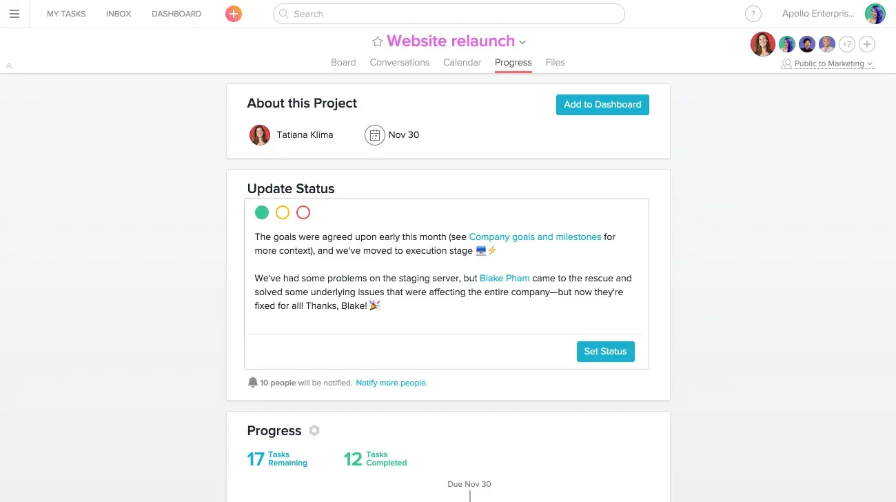 Status updates in Asana