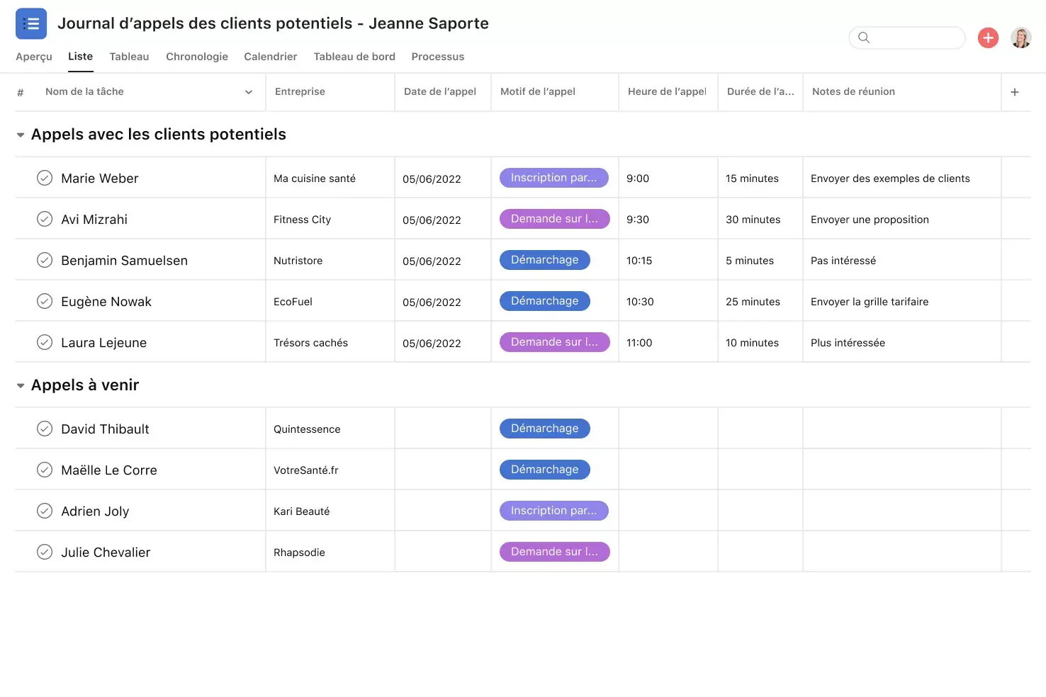 [Interface produit] Projet de journal d’appels sur Asana - vue Liste façon feuille de calcul