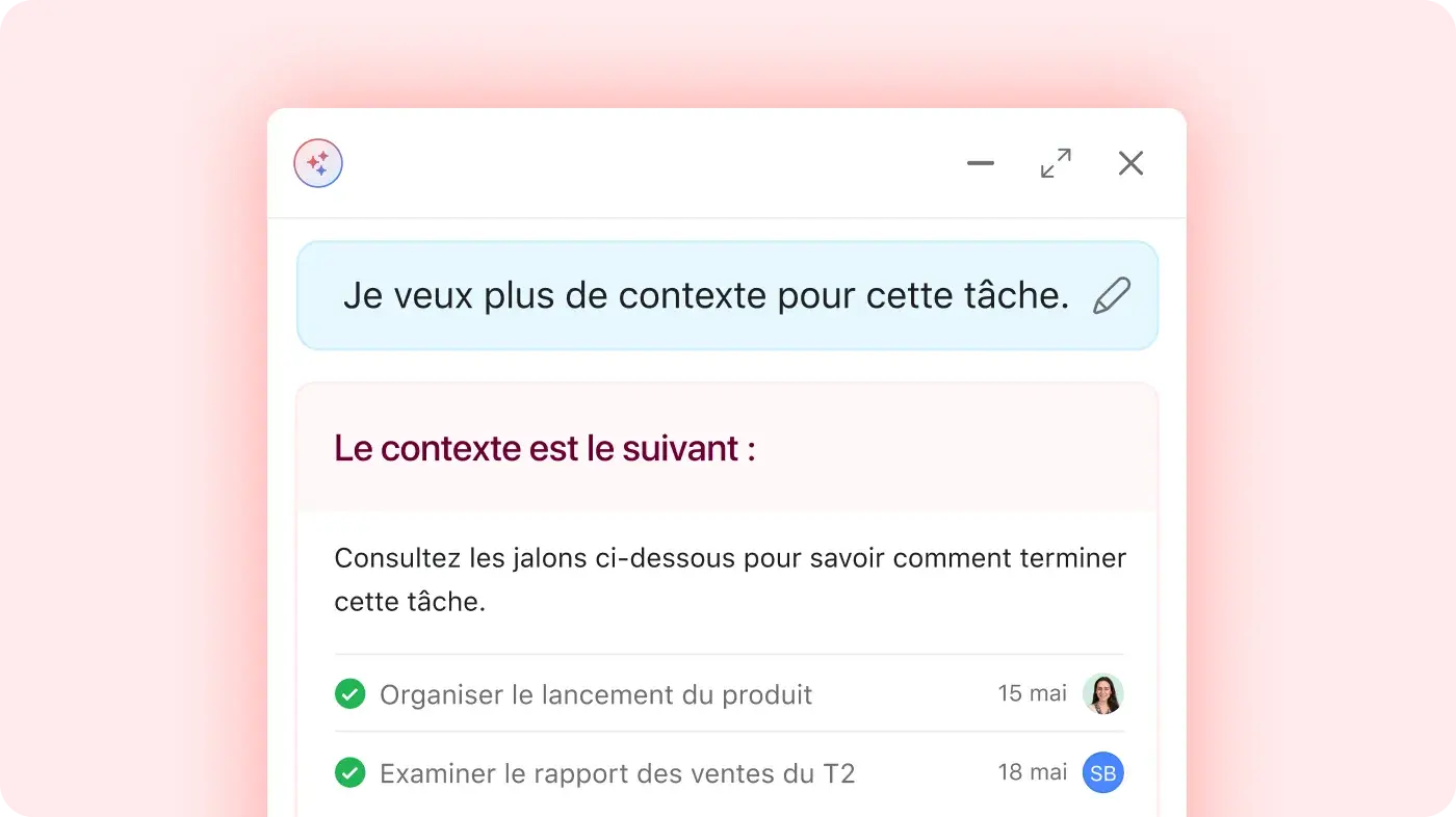 L’interface utilisateur produit montre l’IA Asana en train de répondre à l’instruction « puis-je obtenir des éléments de contexte pour ce projet »