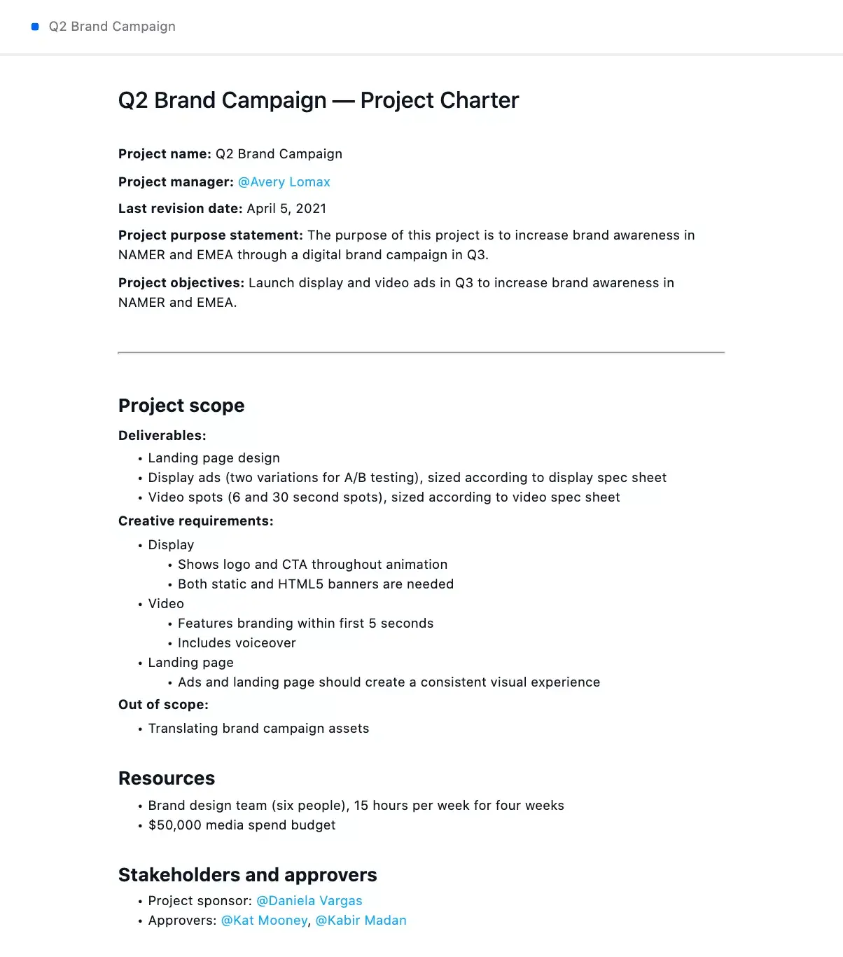 [Product UI] Marketing campaign project charter (Project Brief)