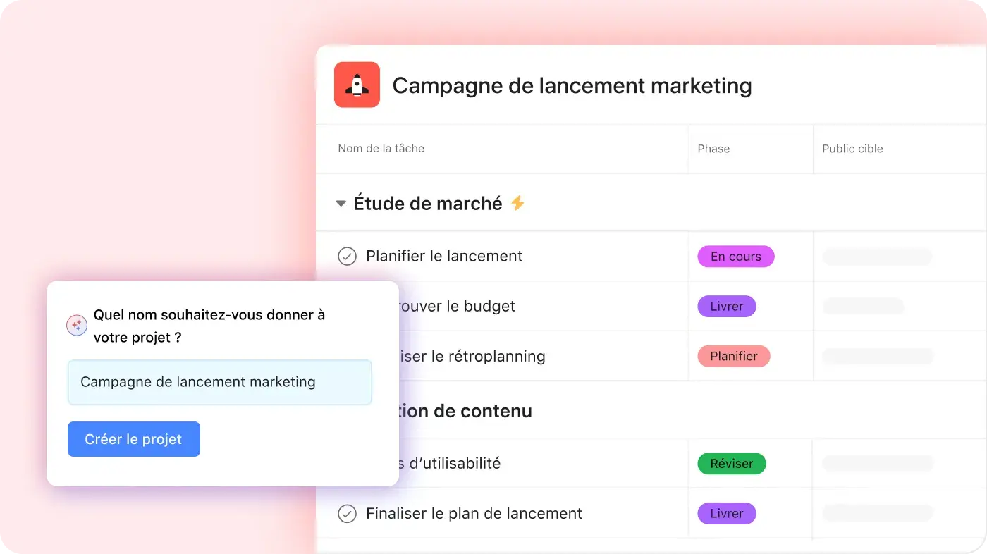 Interface utilisateur du produit de l’IA Asana créant un nouveau projet de campagne de lancement marketing net basé sur un ensemble d’instructions utilisateur