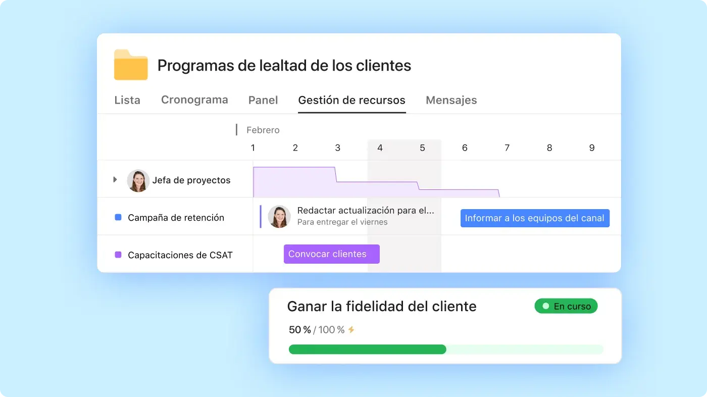 Interfaz de usuario en Asana de establecimiento de objetivos para el Programa de fidelización de clientes 