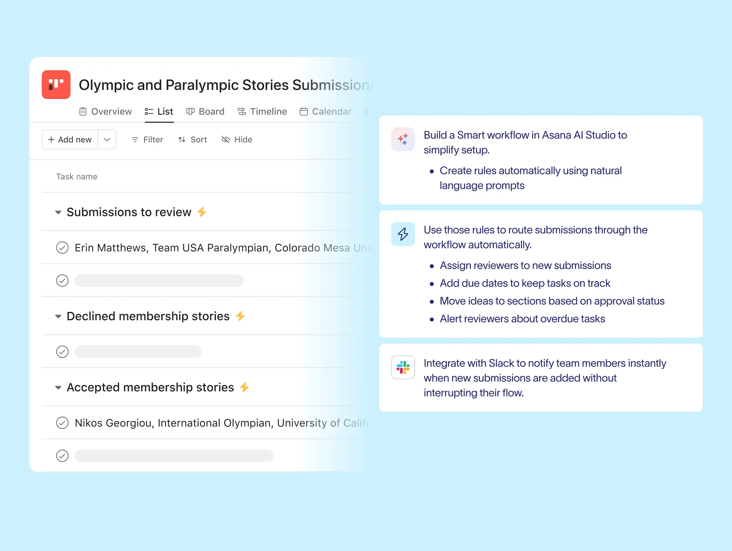 Asana project "Olympic and Paralympic Stories Submissions" with review, declined, and accepted sections. Three tip cards explain building Smart workflows in AI Studio, routing submissions via rules, and integrating with Slack.