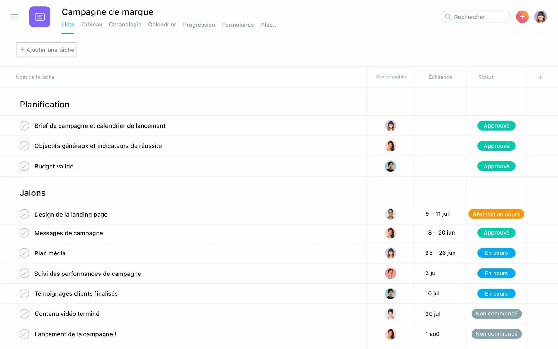 [Vue Liste] Plan de projet de campagne de marque sur Asana - liste façon feuille de calcul