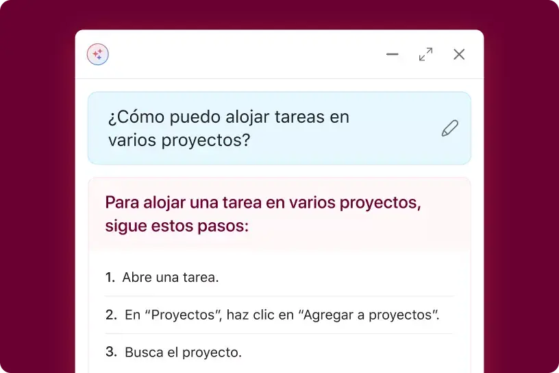 Interfaz de usuario del producto donde se muestra la función de compañero de equipo de la IA de Asana que responde a la pregunta ingresada por el usuario “¿Cómo puedo alojar tareas en varios proyectos?” con artículos de ayuda relacionados relevantes