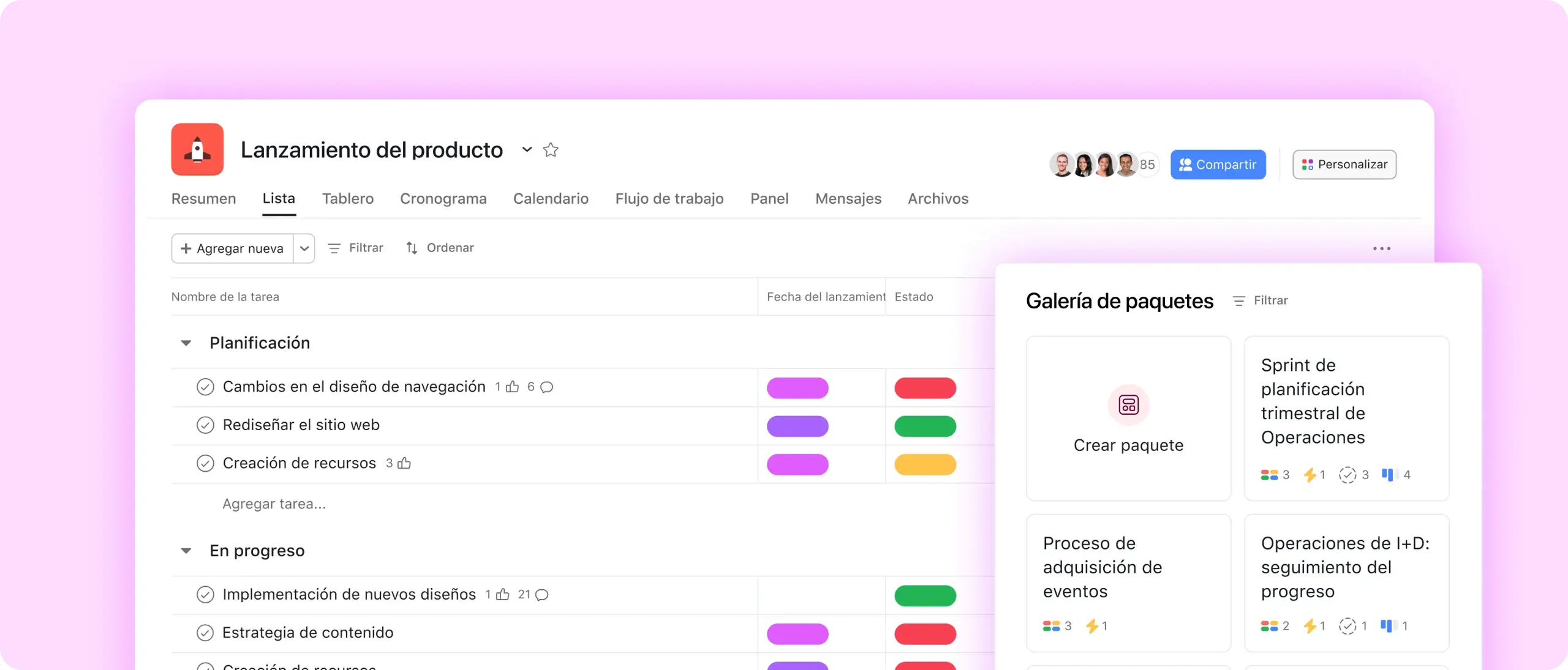 Captura de pantalla de paquetes en Asana