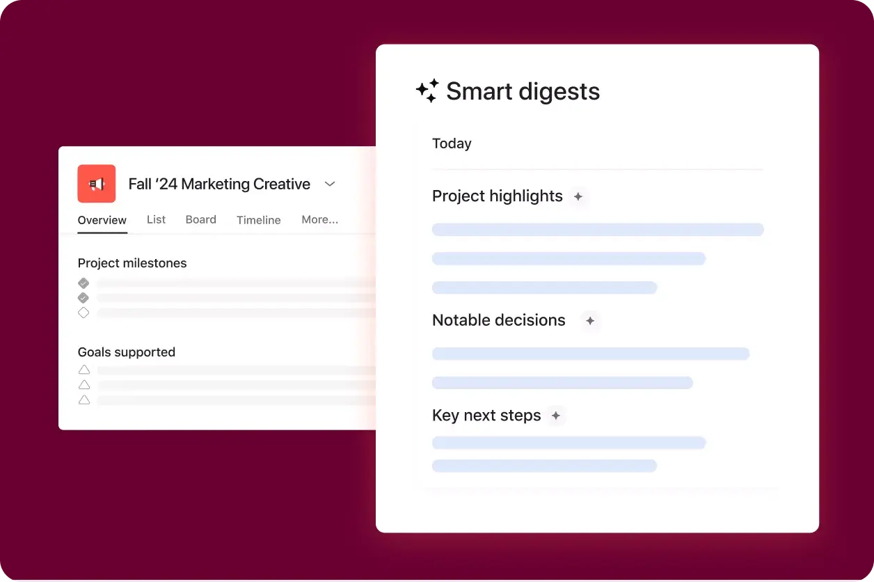 Asana product UI showing Asana Intelligence creating a status update summary for a "Fall '24 Marketing Creative" project