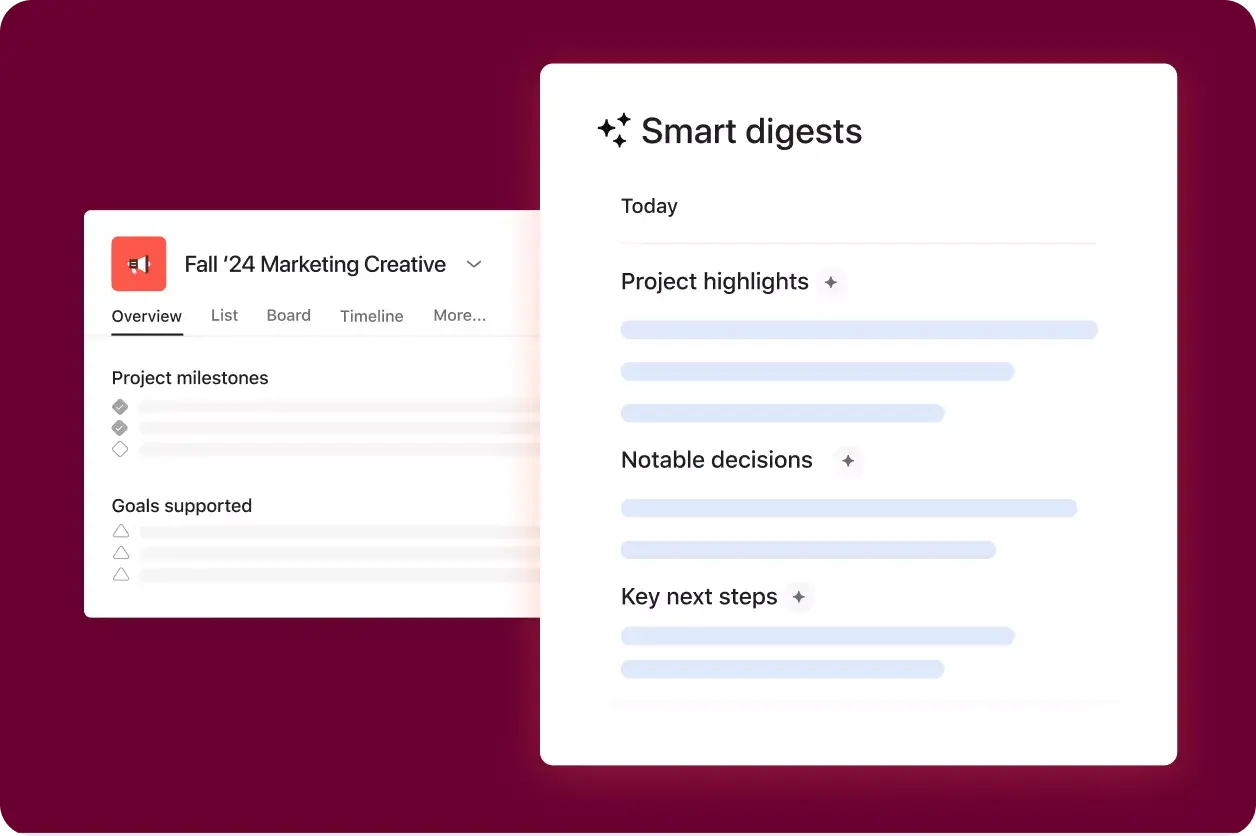 Interfaccia utente del prodotto Asana che mostra Asana Intelligence creare un riepilogo dell’aggiornamento di stato per un “Progetto creativo di marketing autunno ’24”