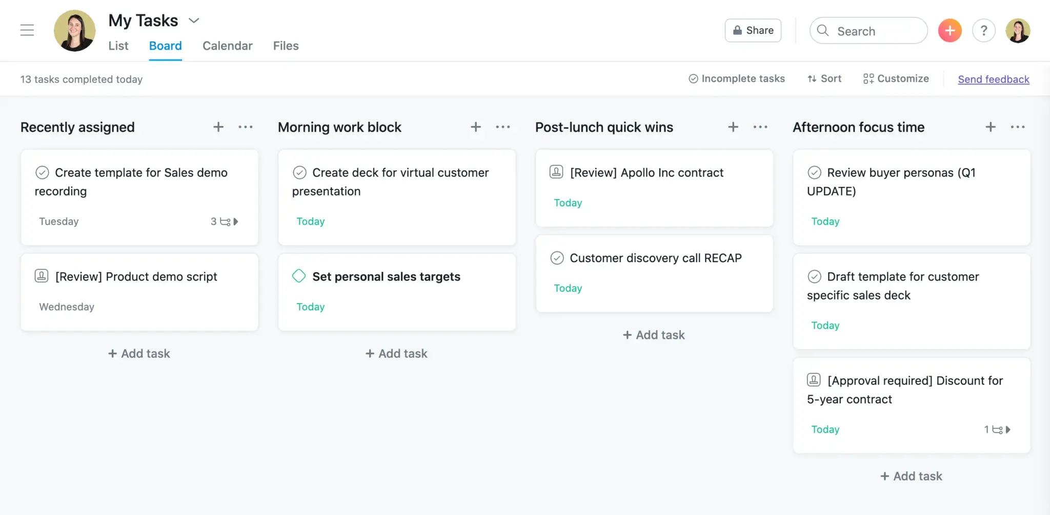 Product UI: My Tasks sorted by work blocks in Asana