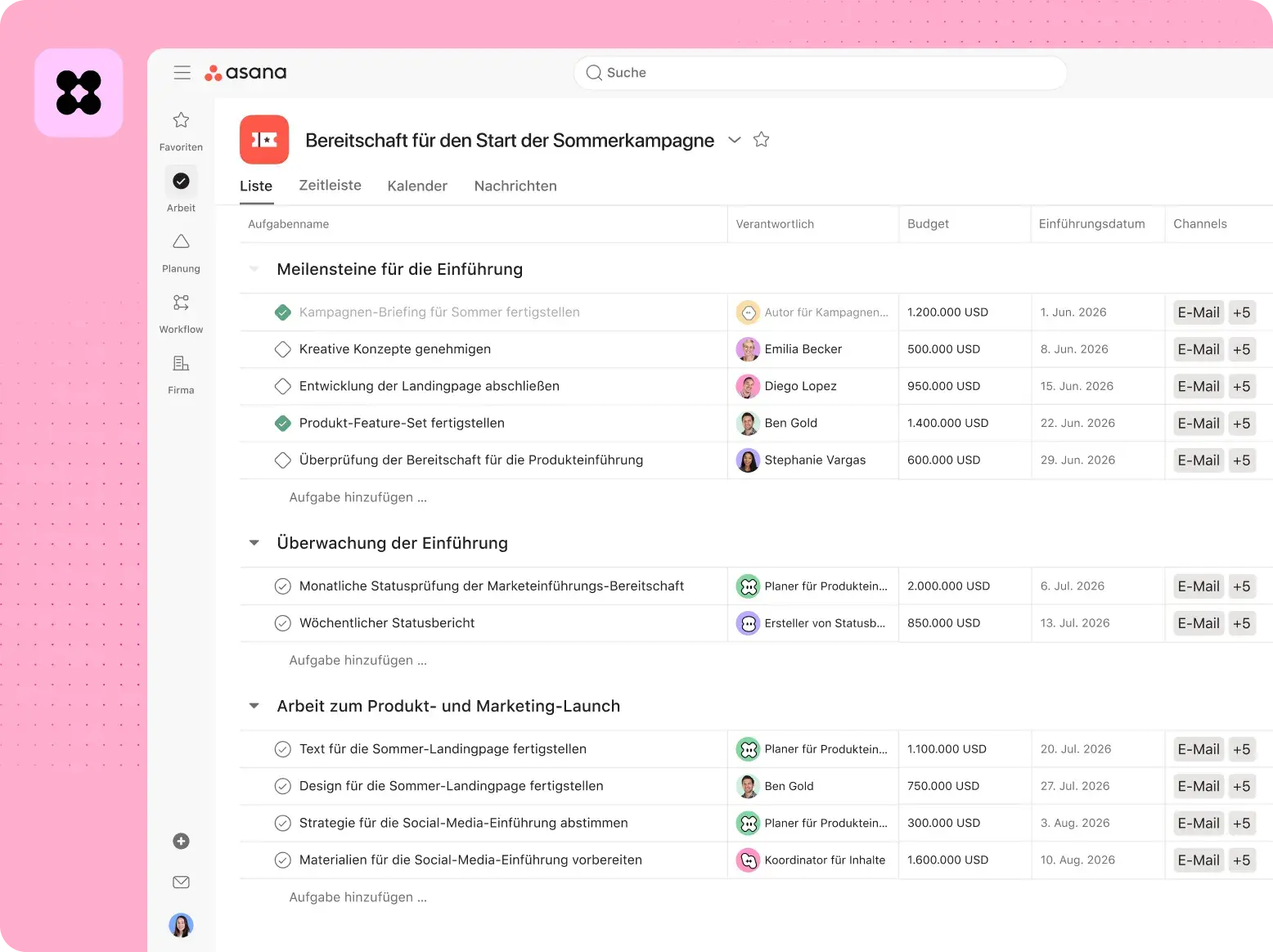 Asana UI displaying a "Summer Campaign Launch Readiness" project list. Sections include milestones and launch monitoring. Tasks are assigned to a mix of human team members and AI agents, such as a "Launch Planner" and "Status Reporter".