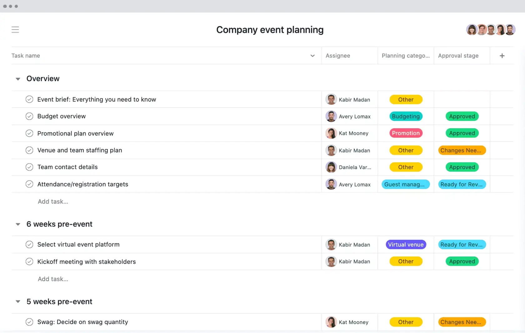 [Old Product UI] Company event planning project in Asana, spreadsheet-style view with project deliverables (Lists)