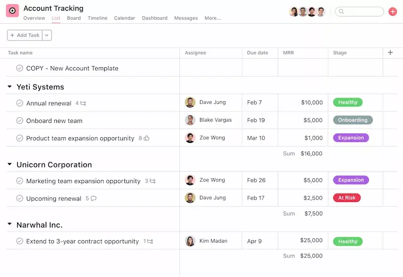 [Product ui] Account tracking template in Asana, spreadsheet-style project view (List)