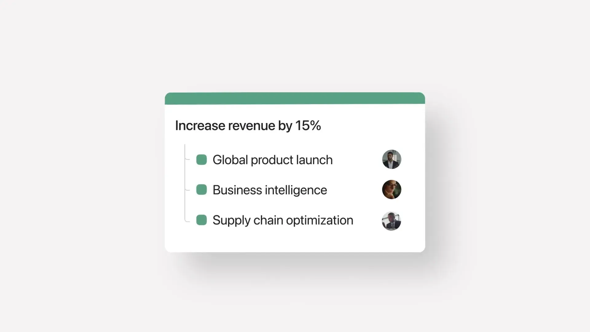 Product UI showing attainment to goal to increase revenue by 15% across linked projects 