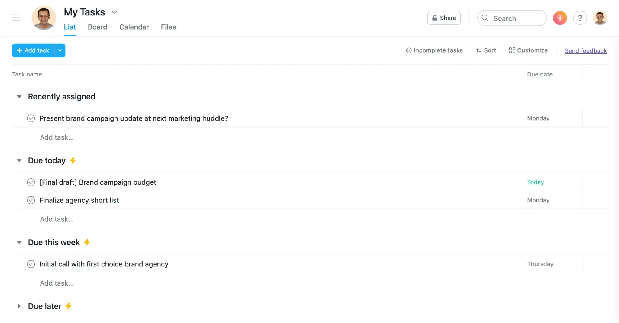 Product UI: My Tasks sorted by date in Asana