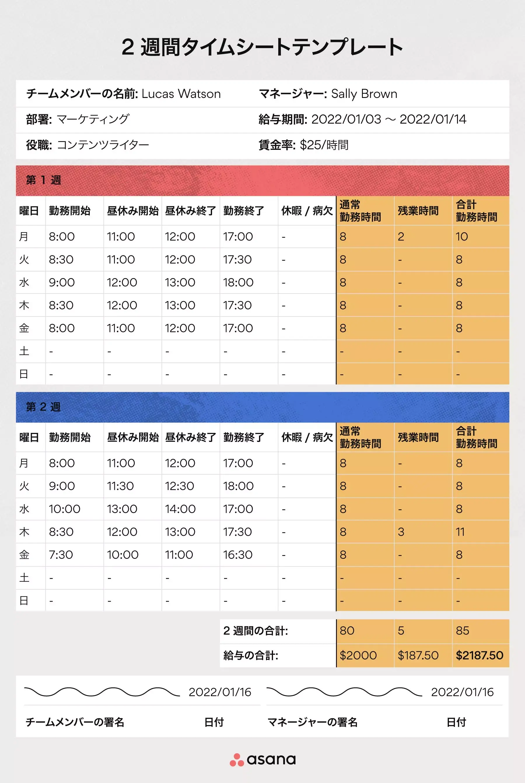 2 週間タイムシートテンプレート