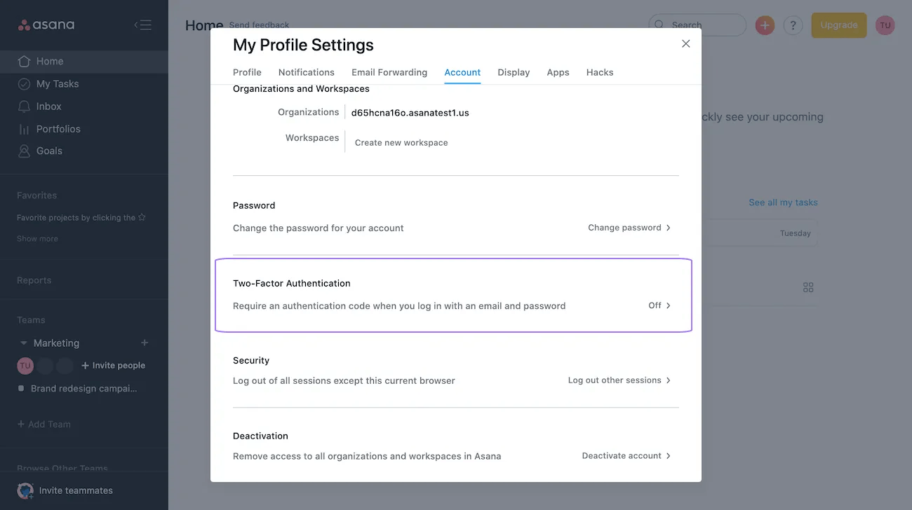 Enable or disable 2FA