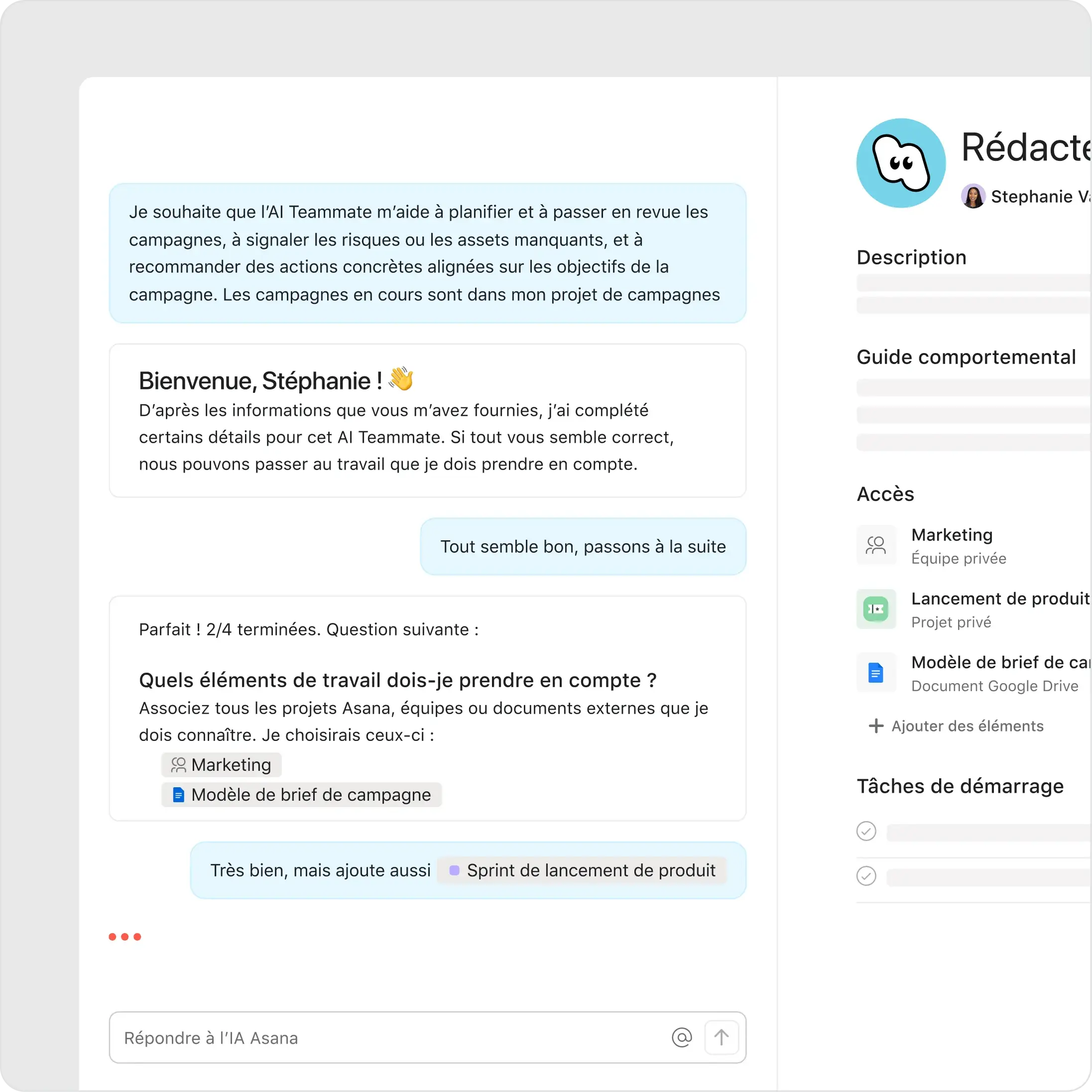 Interface Asana montrant un chat concernant un AI Teammate. L’IA demande quels éléments de travail prendre en compte et suggère d’associer l’équipe Marketing et un modèle de brief. Un panneau latéral affiche les paramètres d’accès du coéquipier.