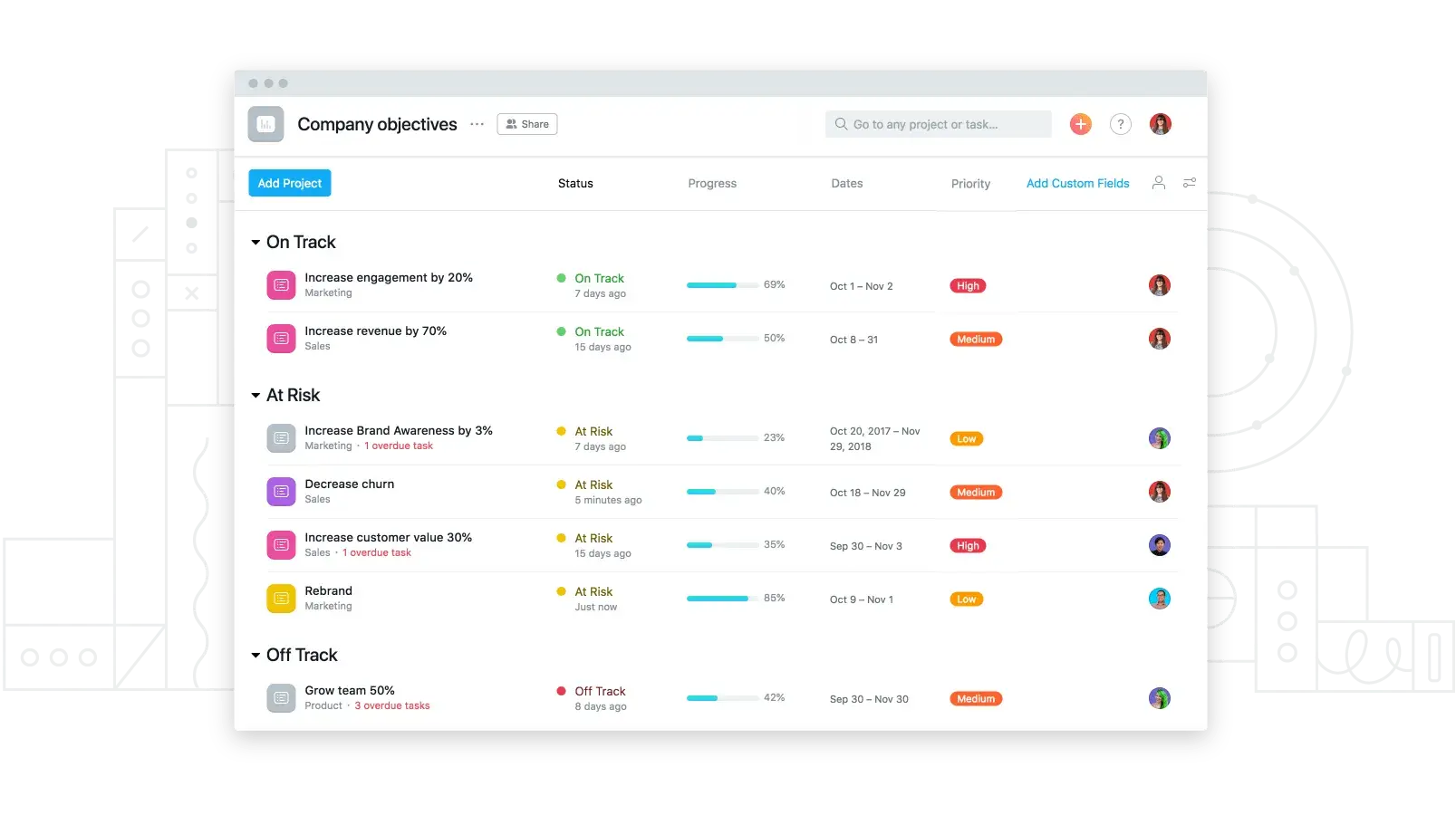 Product UI: Company objectives in Asana