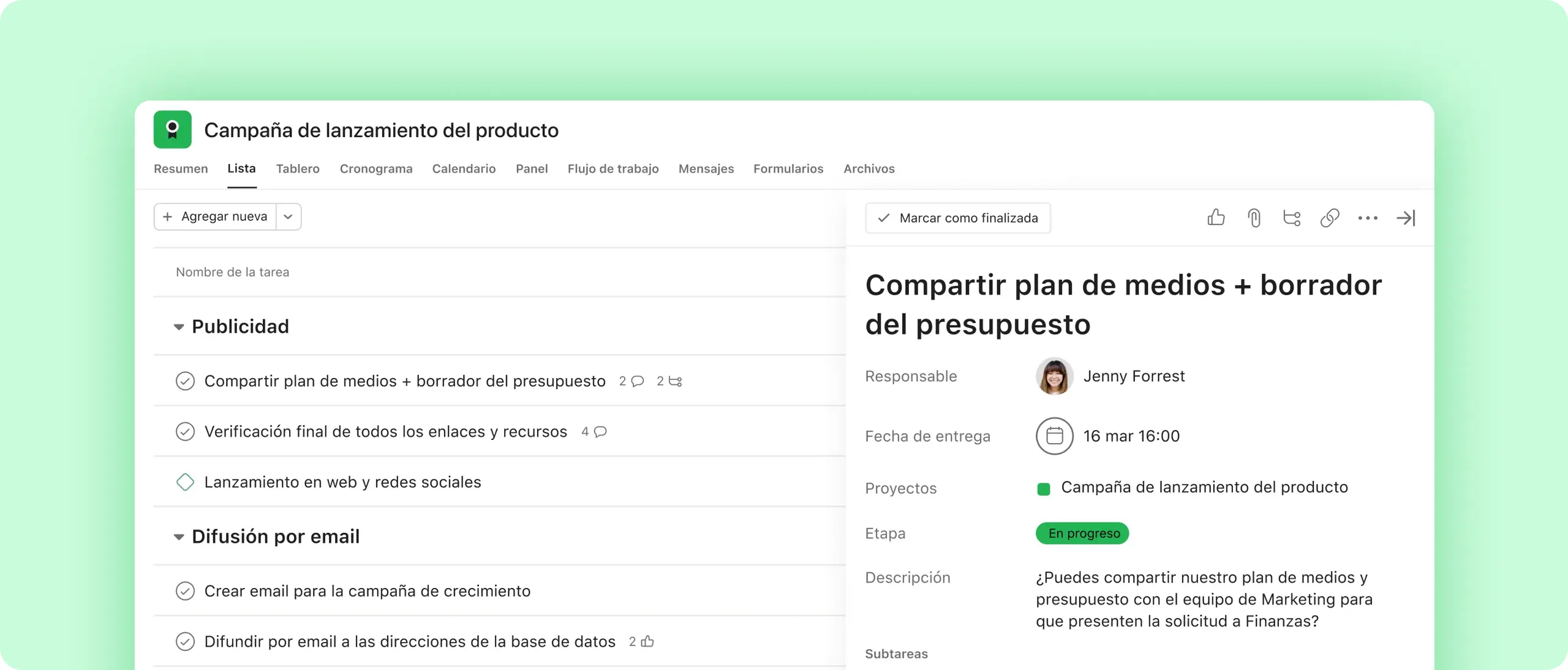 Captura de pantalla de tareas en Asana