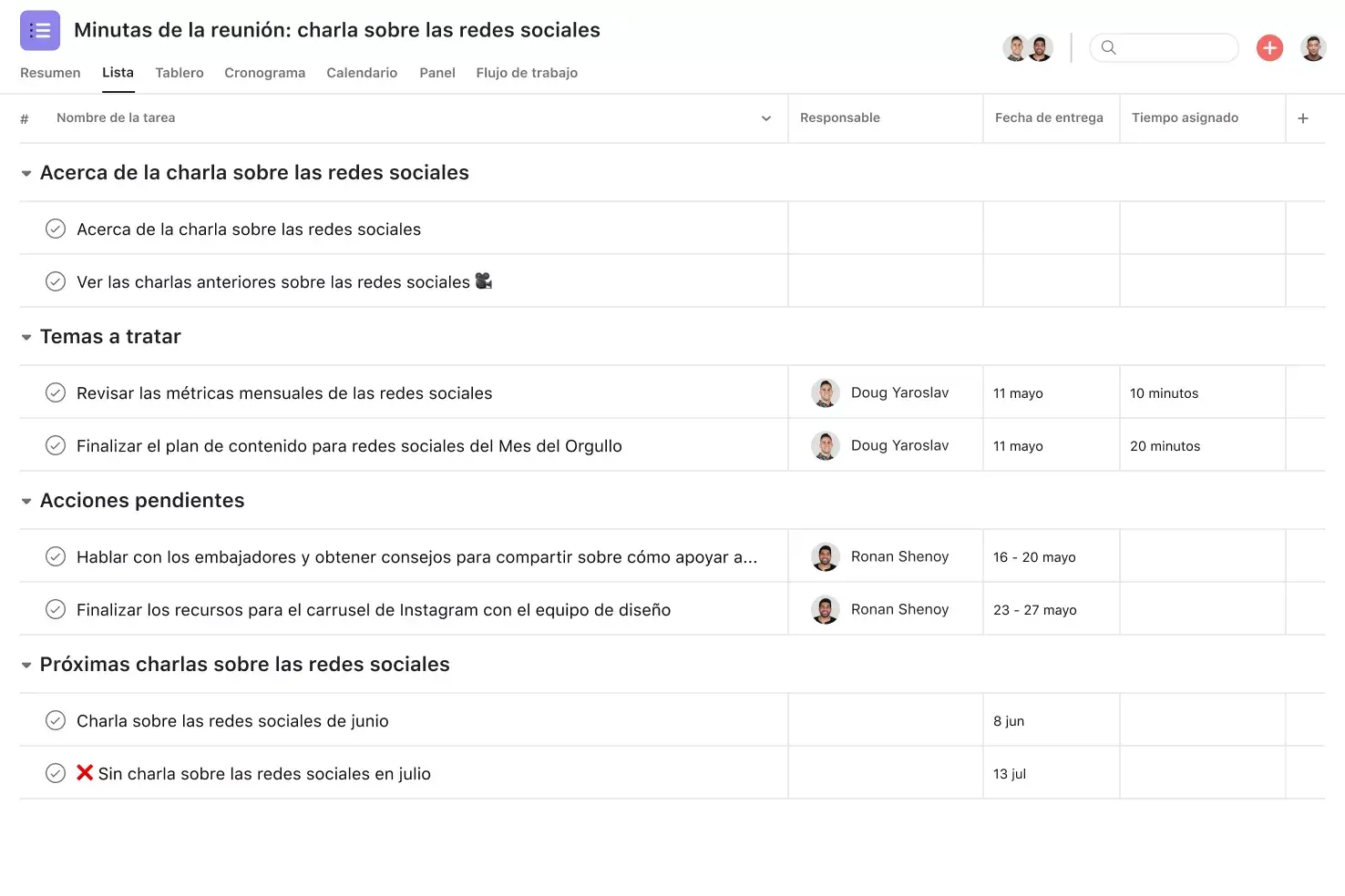 [Interfaz de usuario del producto] Proyecto de minutas de la reunión en Asana, vista del proyecto en formato de hoja de cálculo (Lista)