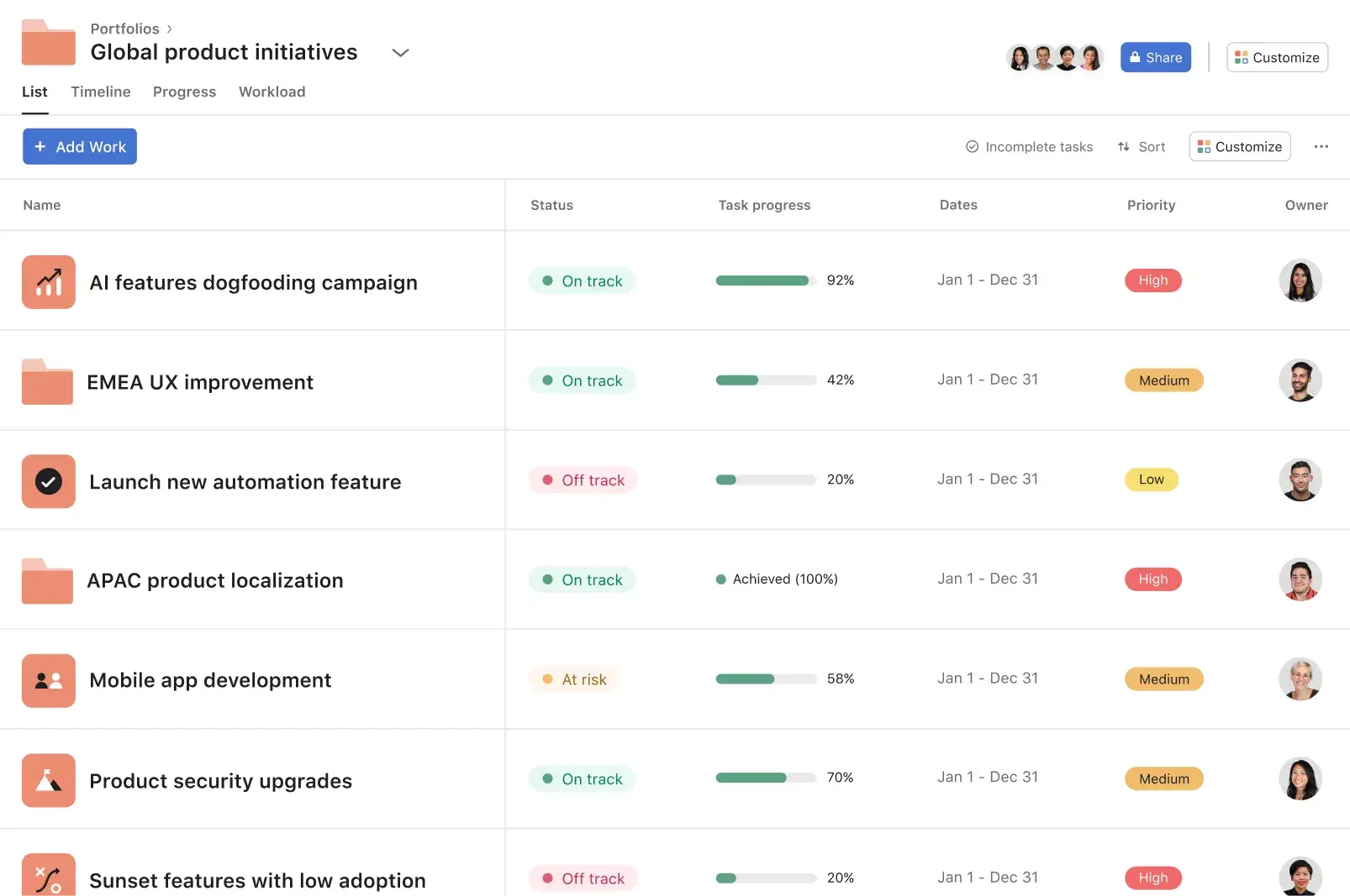 Imagem que mostra como é possível usar a Asana para acompanhar as iniciativas em todos os portfólios 