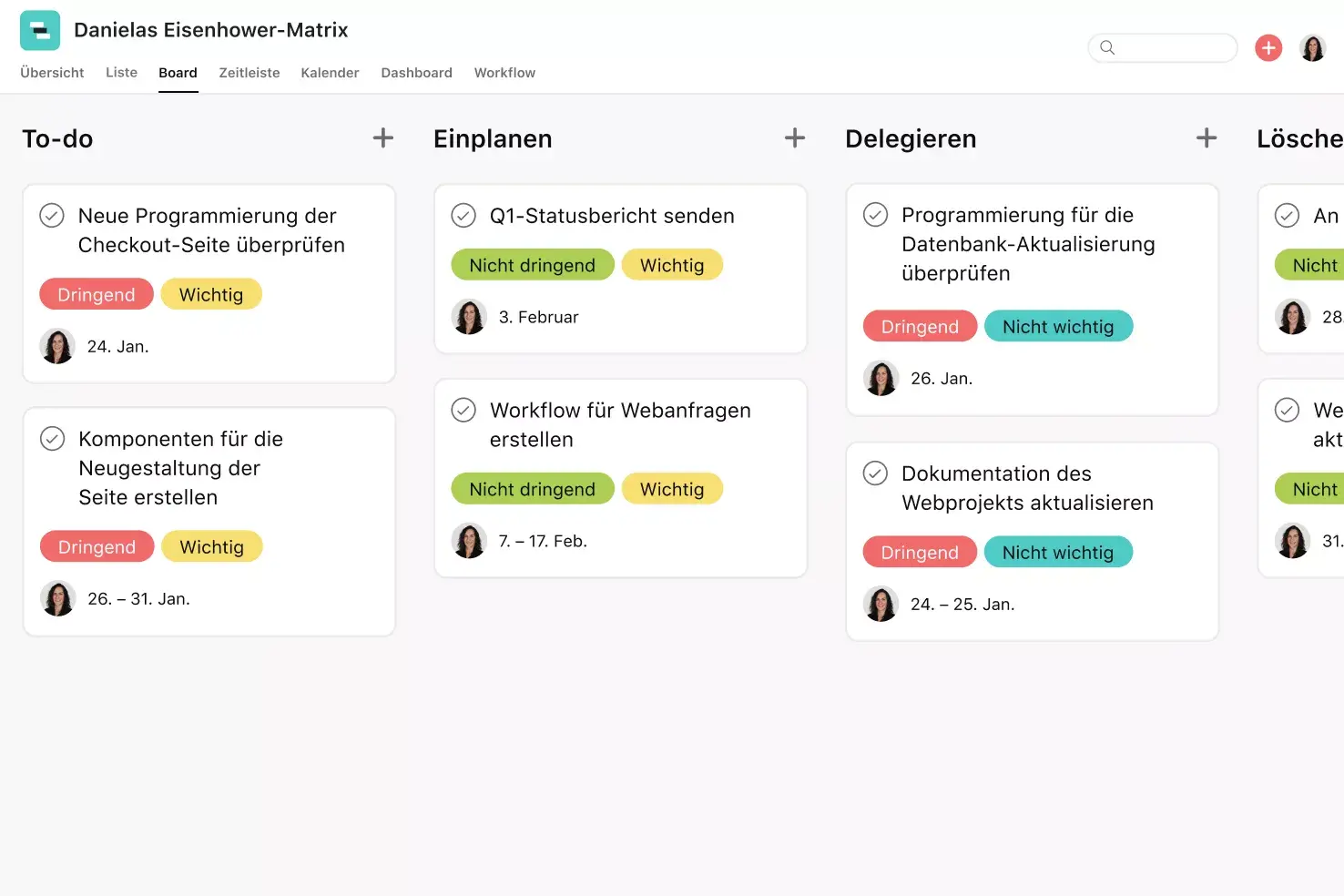 [Produkt-UI] Handlungsorientiertes Eisenhower-Matrix-Projekt in Asana, Ansicht im Stil eines Kanban-Boards (Boards)