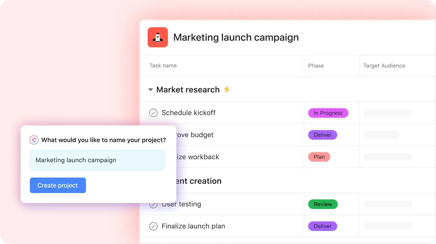 Interfaz de usuario de la IA de Asana para crear un nuevo proyecto de campaña de lanzamiento de marketing basado en un conjunto de indicaciones del usuario