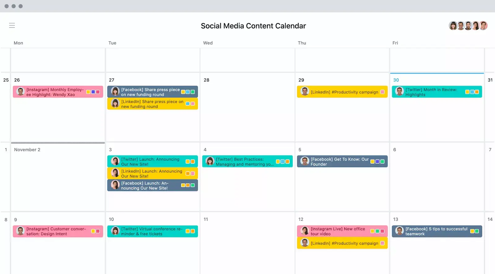 [Vue Calendrier] Exemple de calendrier de contenu des réseaux sociaux sur Asana