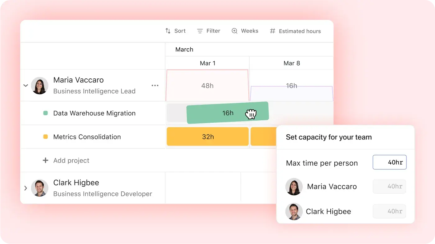 Product UI showing how a user can drag and drop hours 