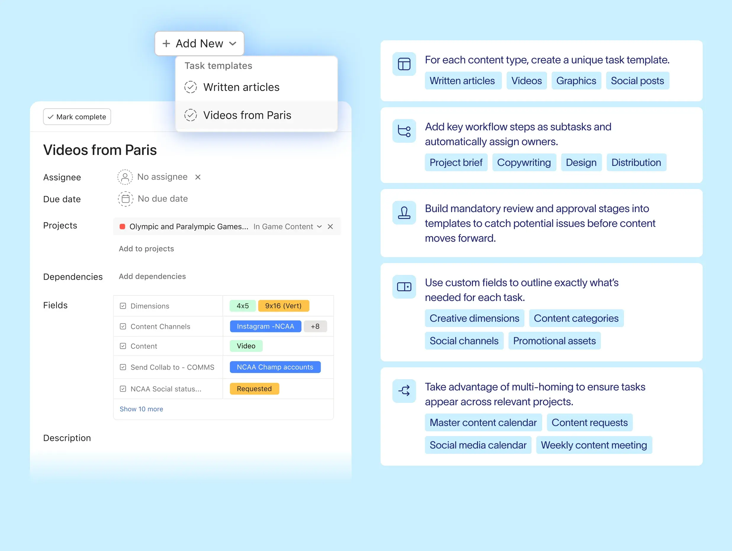 Asana "Videos from Paris" task template with custom fields for dimensions and channels. Five tip cards alongside explain best practices for using task templates, subtasks, approvals, custom fields, and multi-homing.