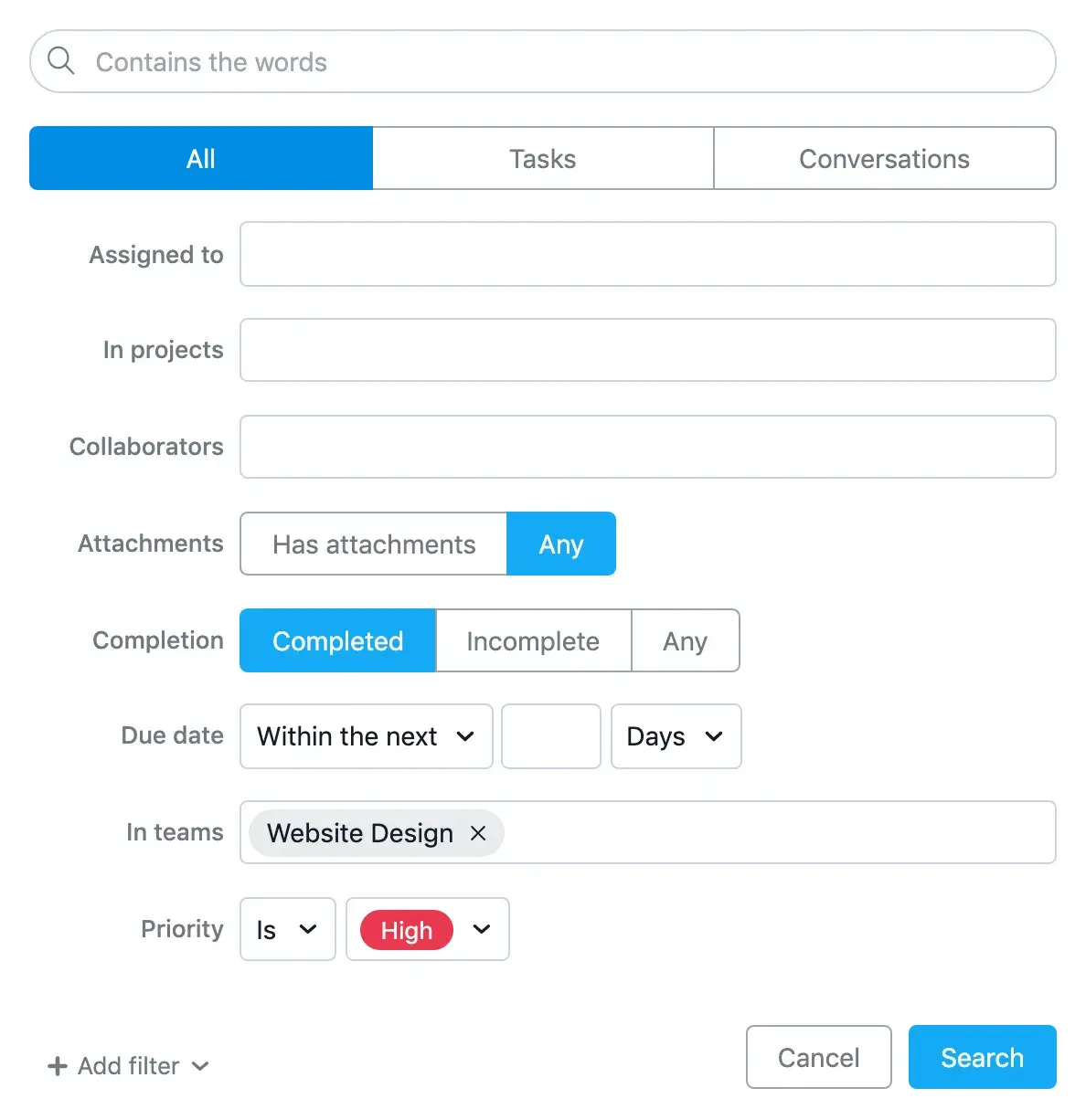 Search by teams in Asana