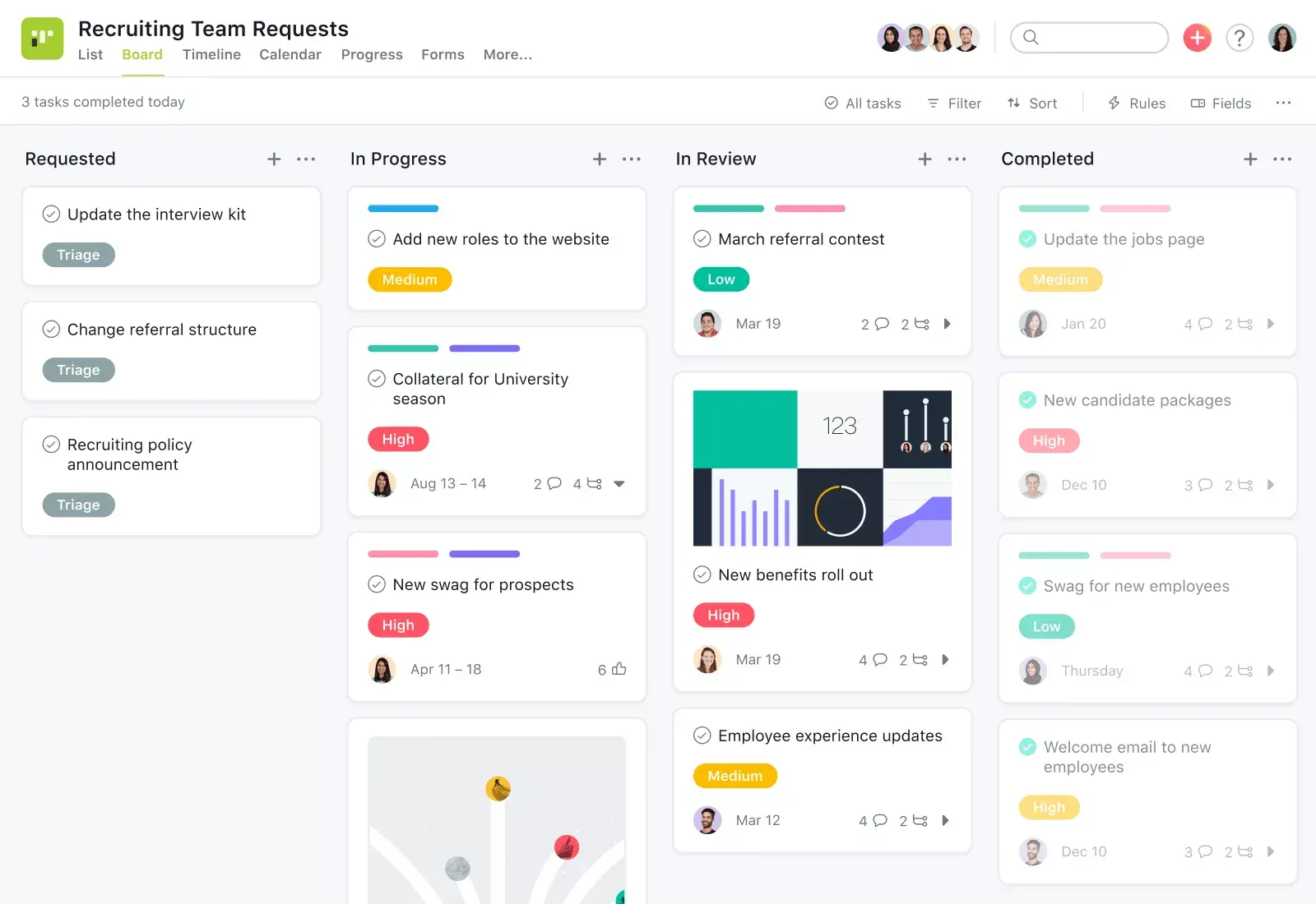 A product UI showing a kanban-style board titled "Recruiting Team Requests"