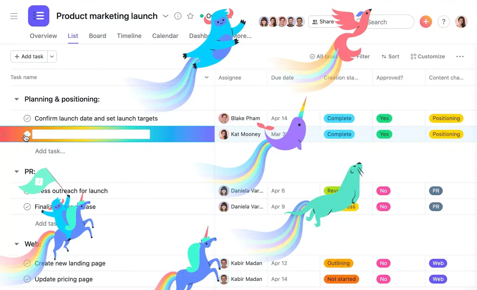 Celebration creatures flying across an Asana project screen in List View (a spreadsheet-style grid view) after completing a project milestone