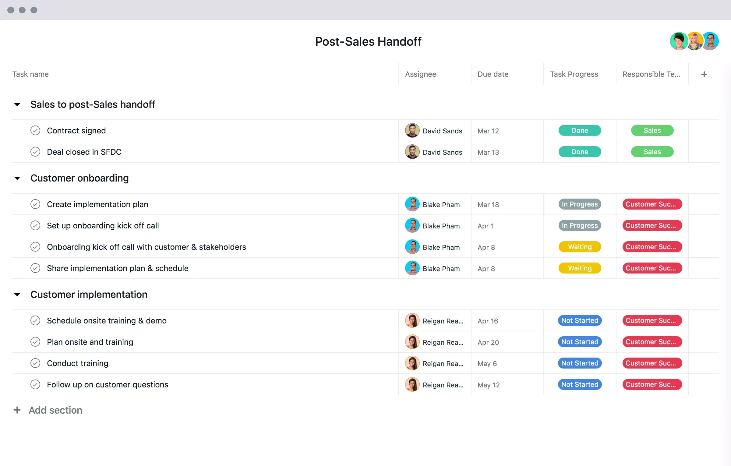 [Oude product-UI] Asana-sjabloon voor naverkoop-handoff, projectweergave in spreadsheet-stijl (lijst)