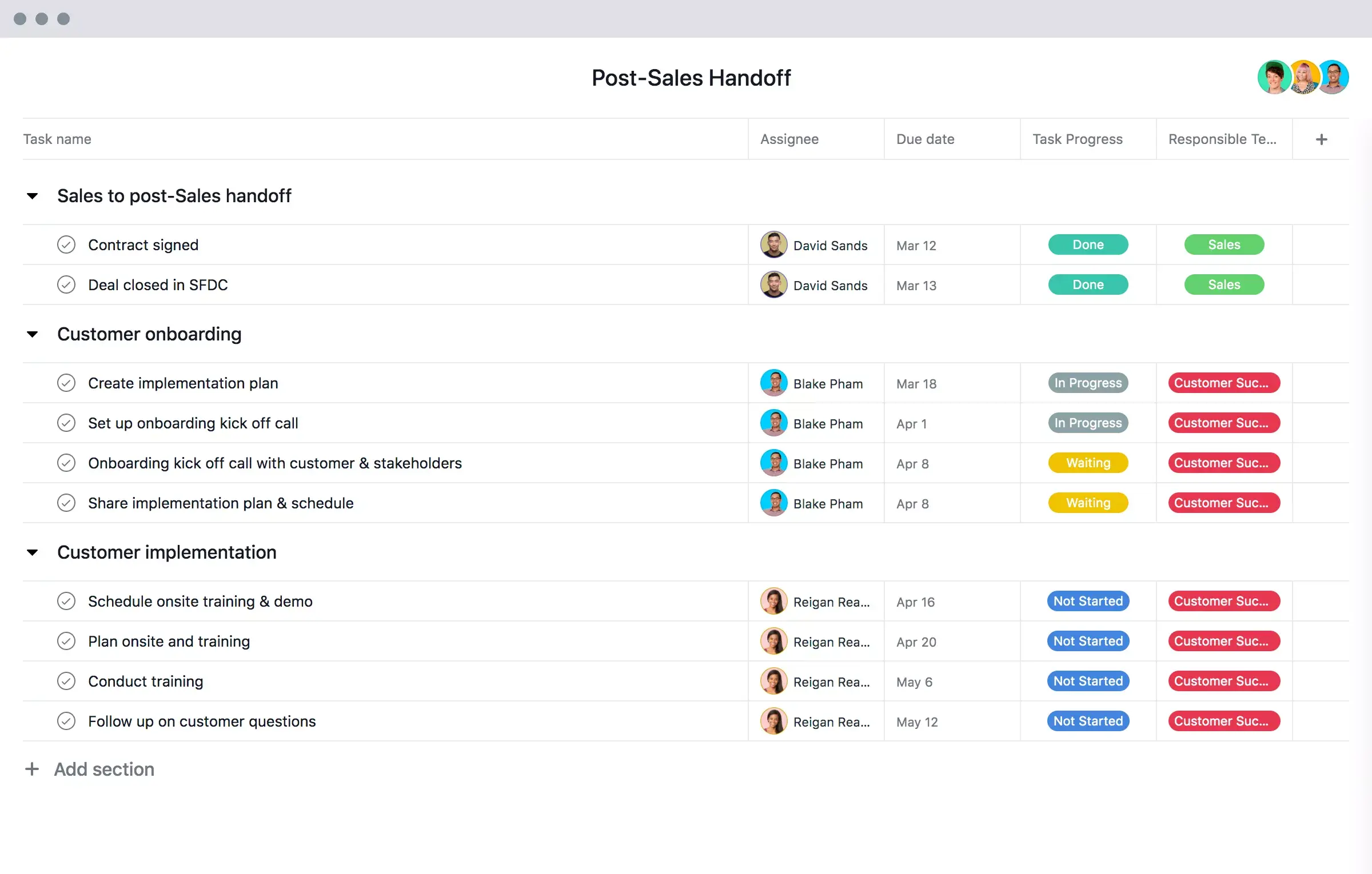 [Old product ui] Post-sales handoff template in Asana, spreadsheet-style project view (List)