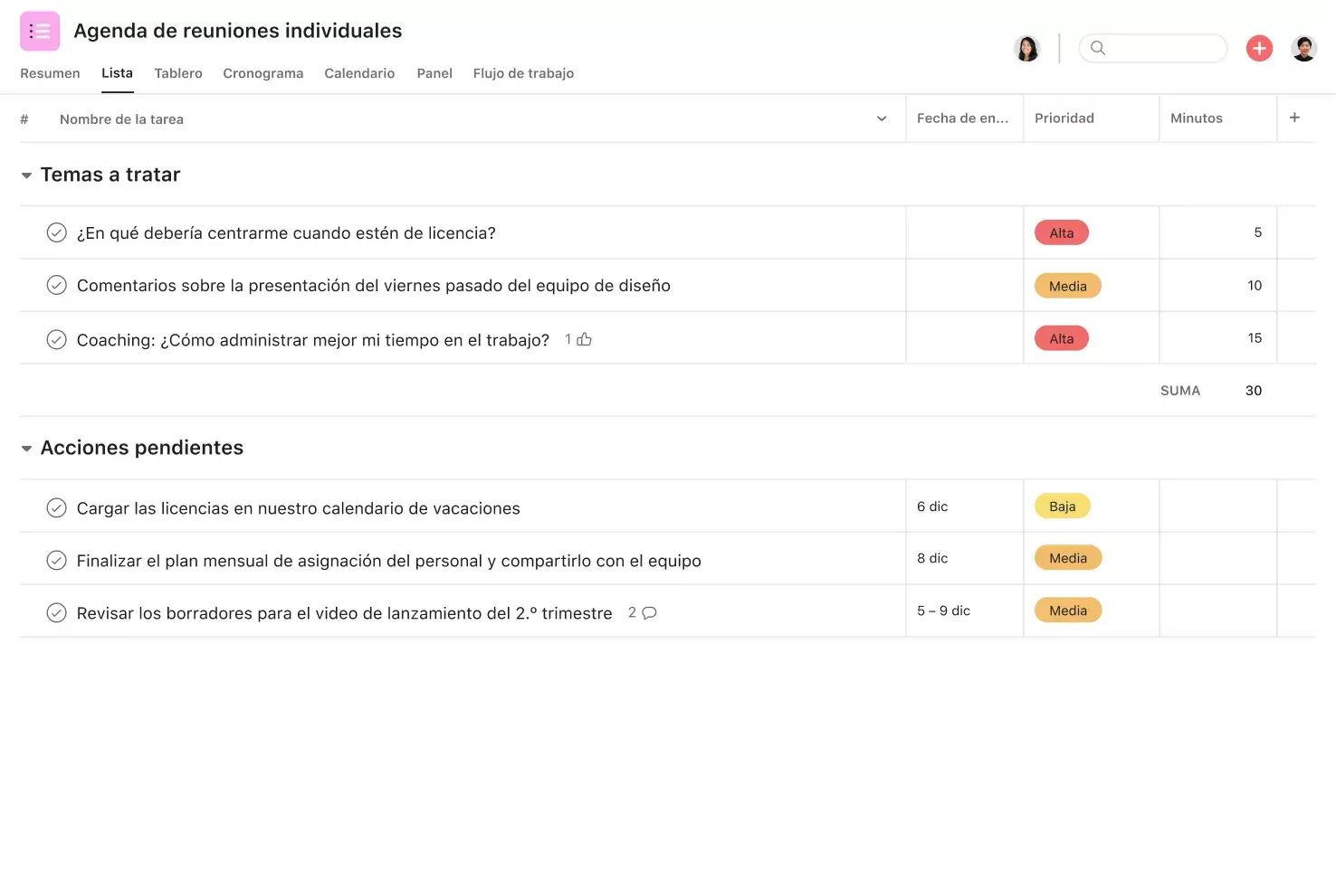 [Interfaz de usuario del producto] Plantilla de agenda de reunión individual con temas a tratar, acciones pendientes y prioridad de los temas (vista de lista)