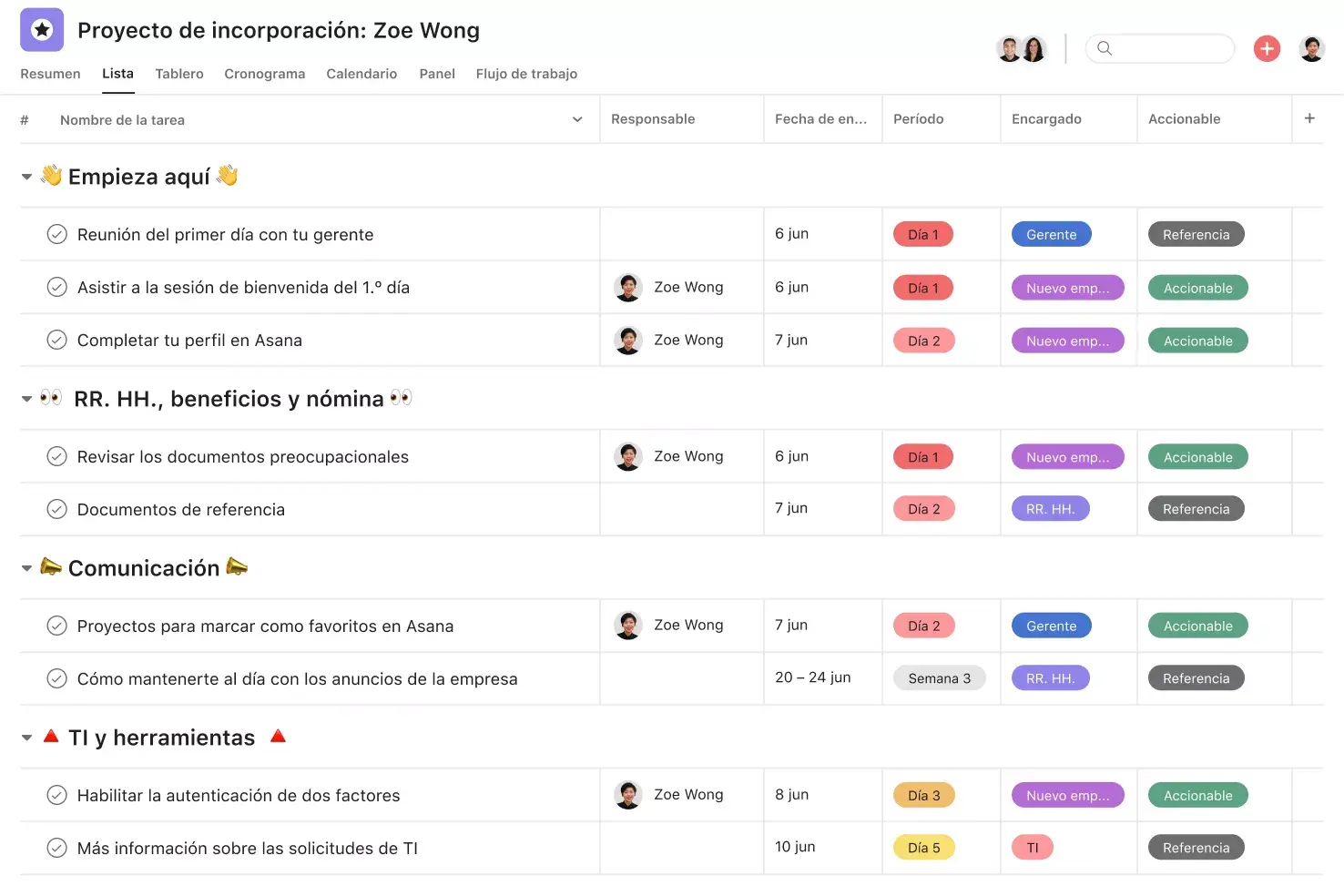 [Interfaz de usuario del producto] Ejemplo de plantilla de Asana para la incorporación de empleados (listas)