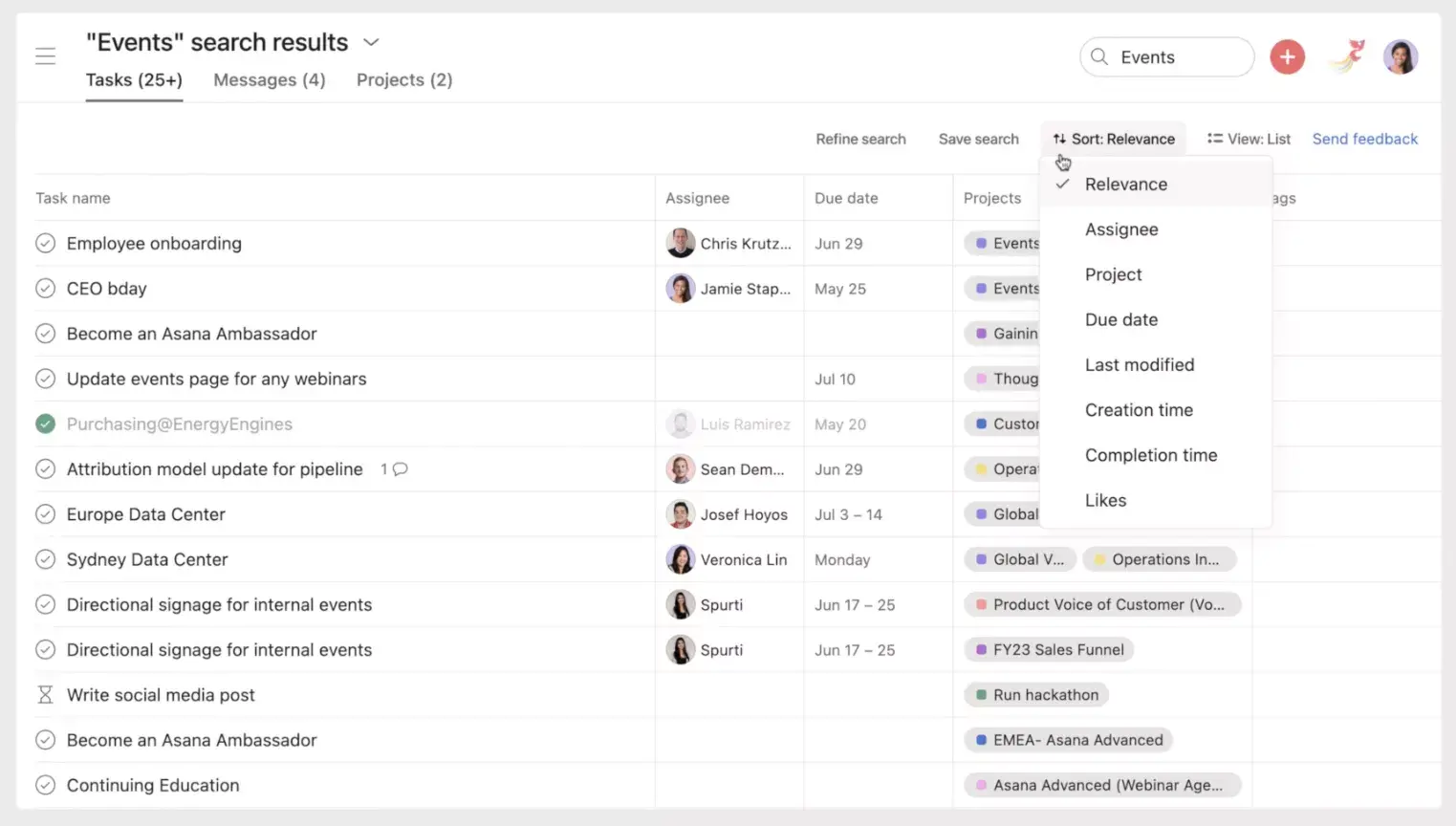 Asana search screenshot