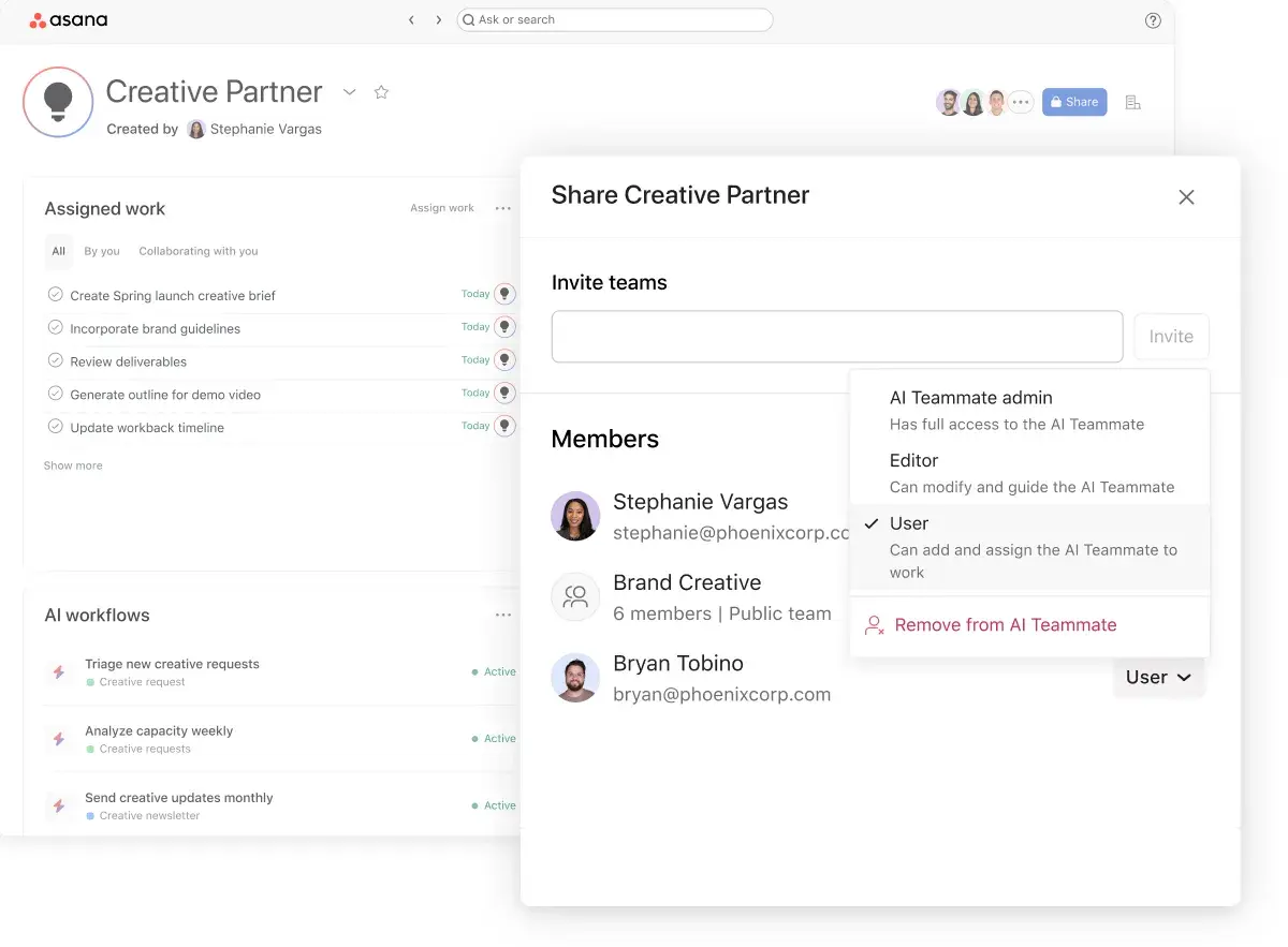 Product UI image showing Asana AI Teammates enterprise-grade security controls 