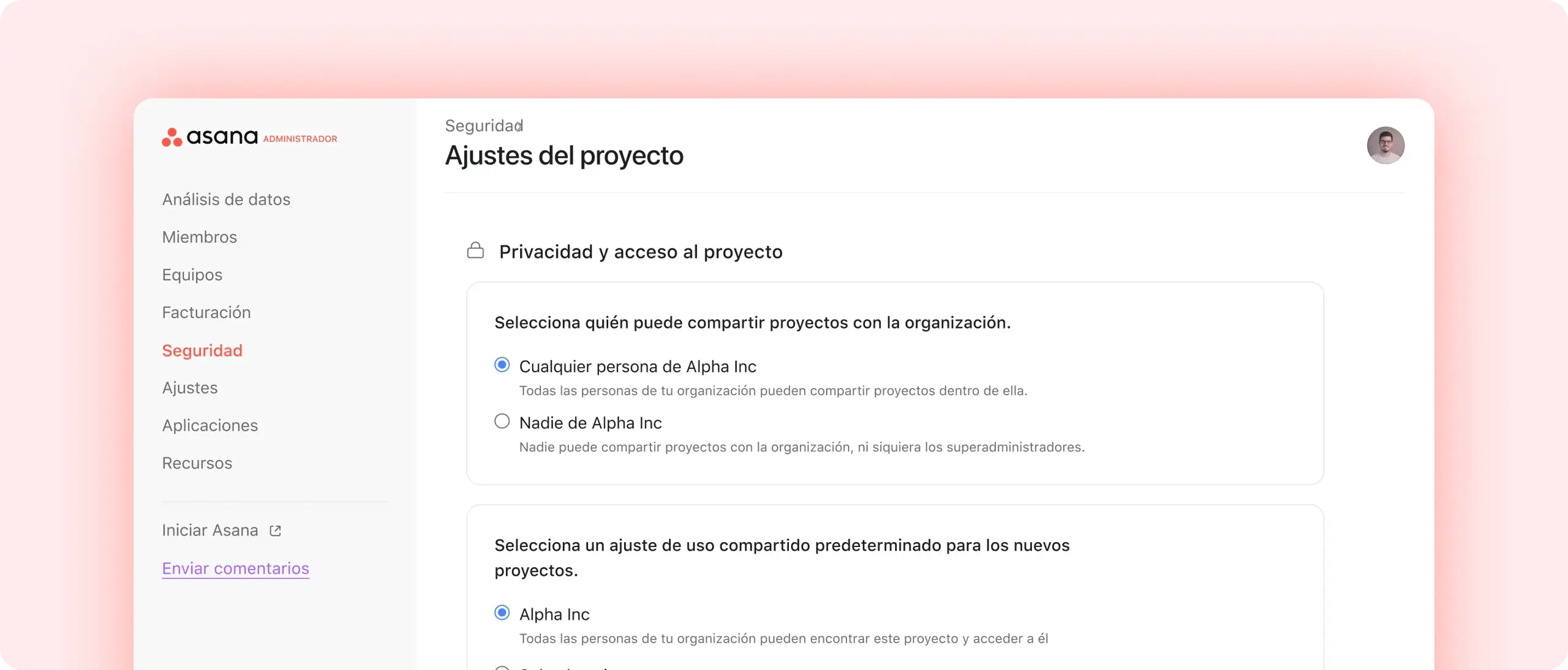 Captura de pantalla de permisos y controles de acceso en Asana