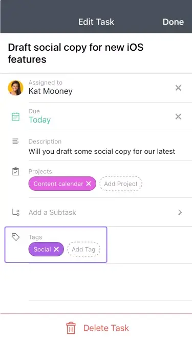 Create tags in Asana's mobile app