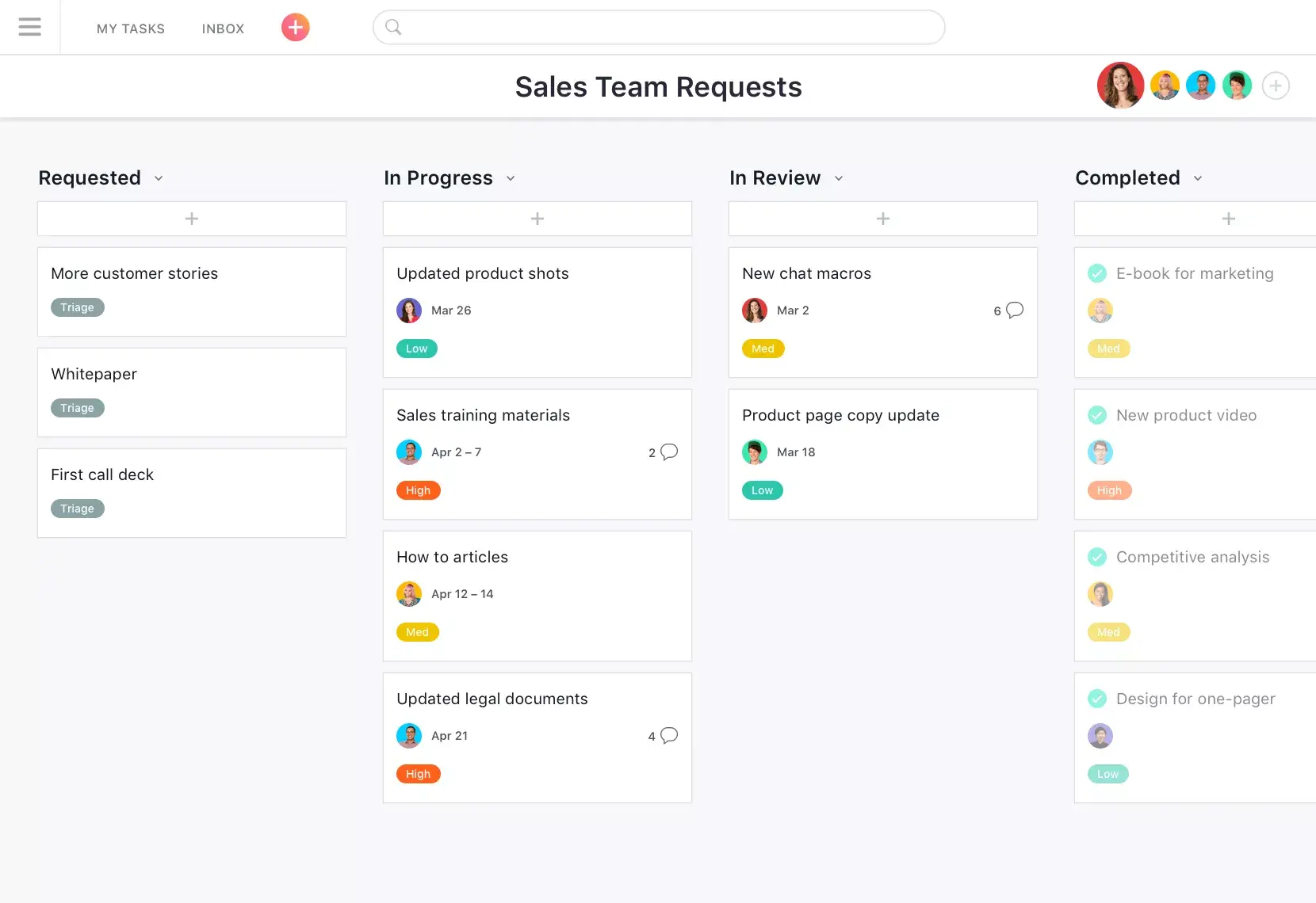 Interfaz de usuario de Asana de las solicitudes del equipo de ventas