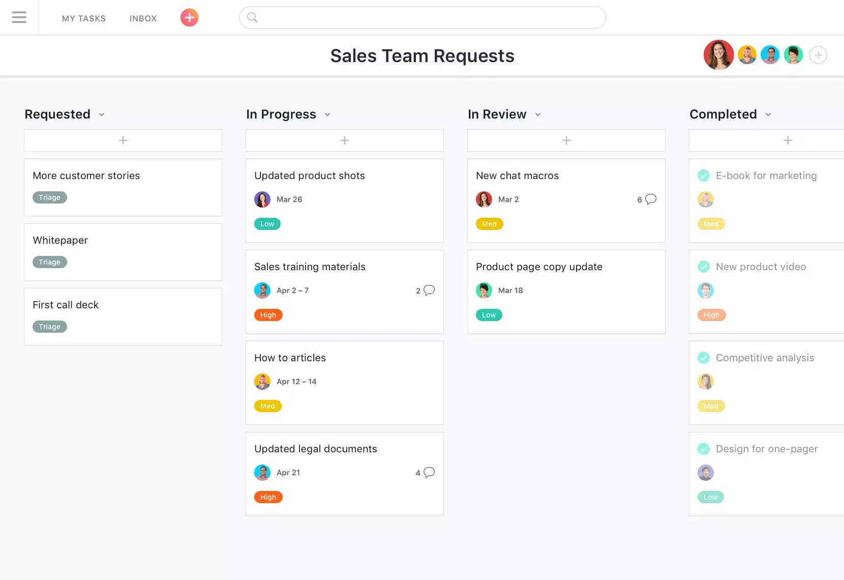 Interface de usuário do produto Asana: solicitações da equipe de vendas