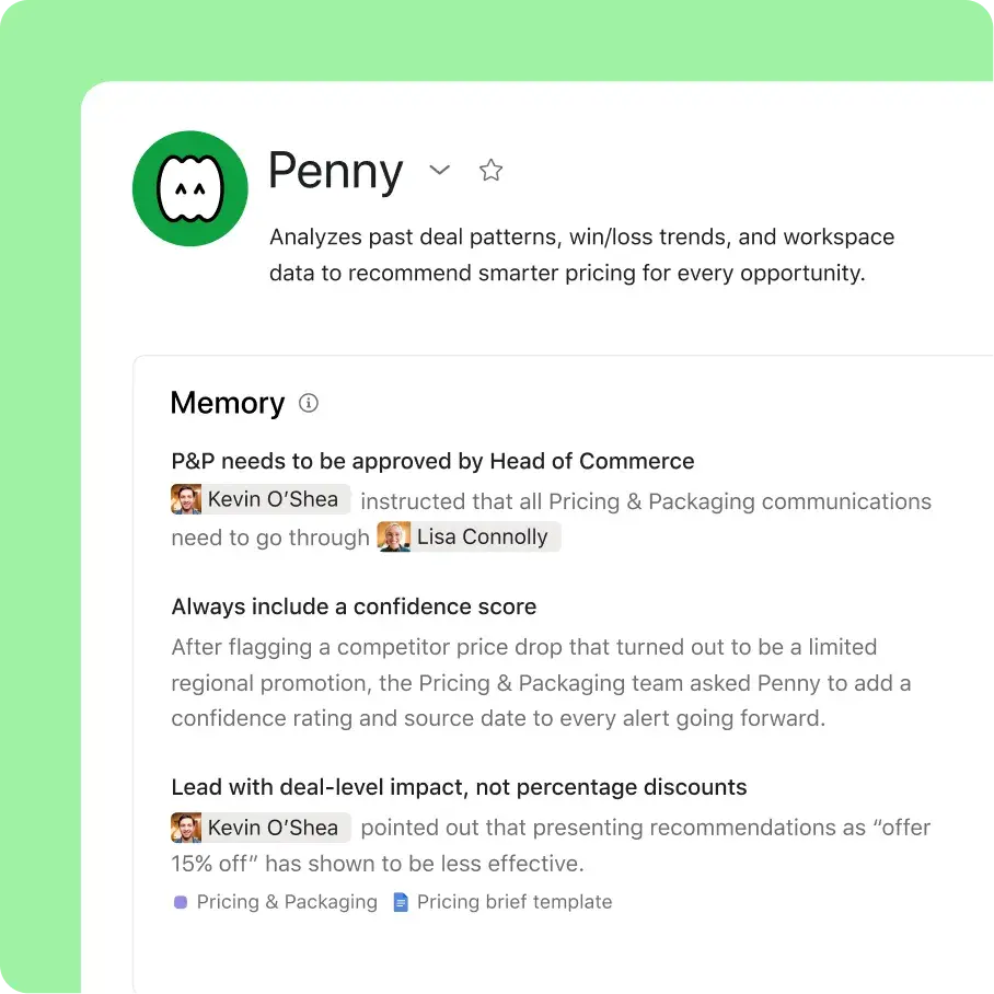 Asana AI teammate Penny's profile showing its memory log with learned preferences for pricing communications, confidence scoring, and deal-level recommendations