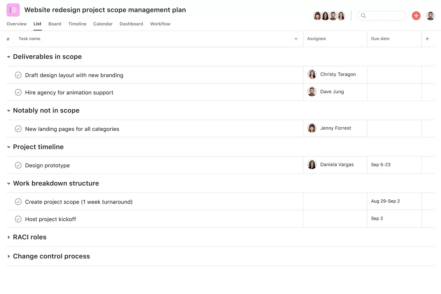 [제품 UI] 스프레드시트 형식 프로젝트 보기를 가진 Asana에서의 범위 관리 프로젝트 (목록)