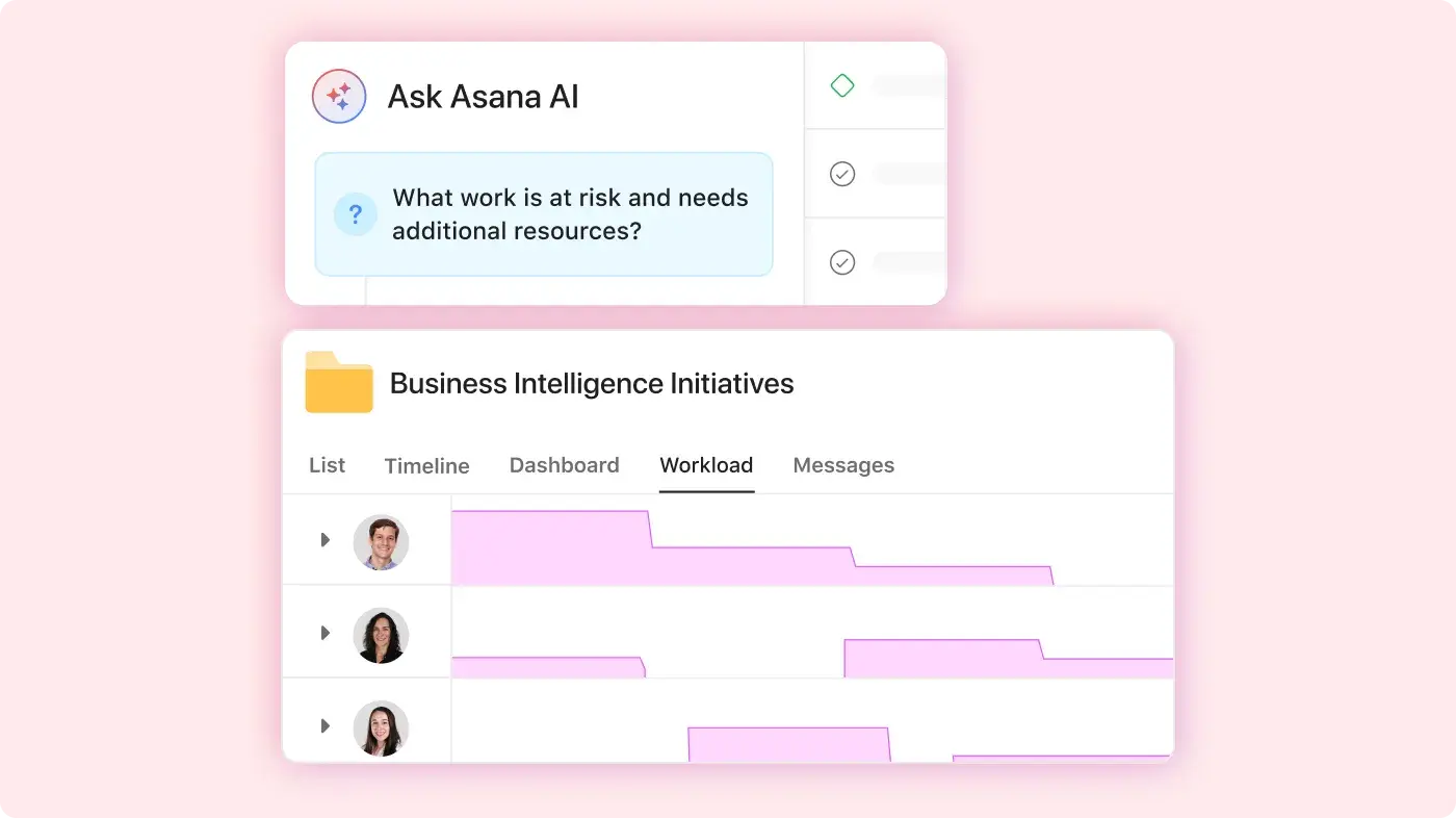 Image of two employees using Asana Intelligence: Asana abstracted product UI